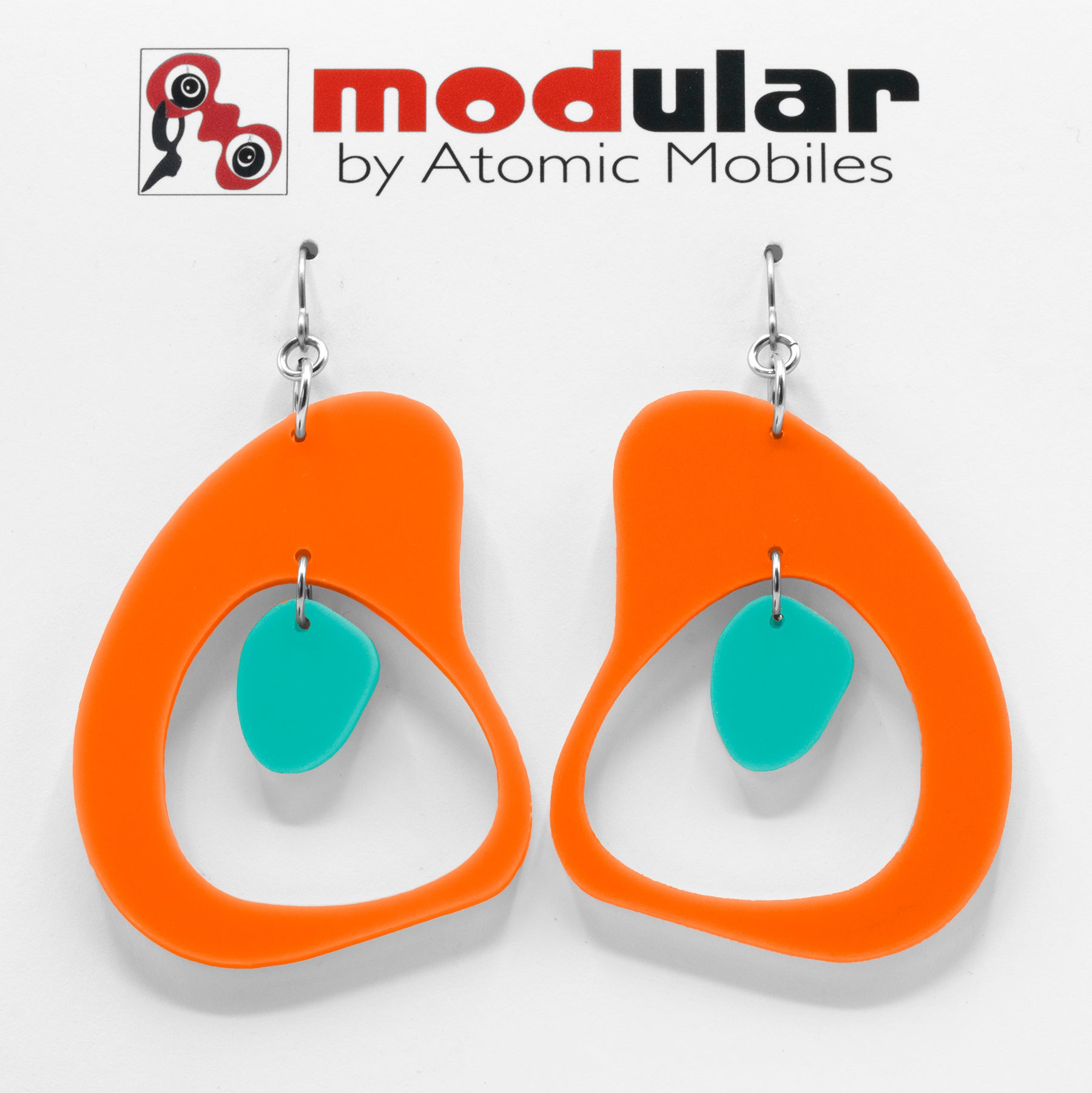 MODular Earrings - Boomerang Statement Earrings in Orange and Aqua by AtomicMobiles.com - retro era inspired mod handmade jewelry