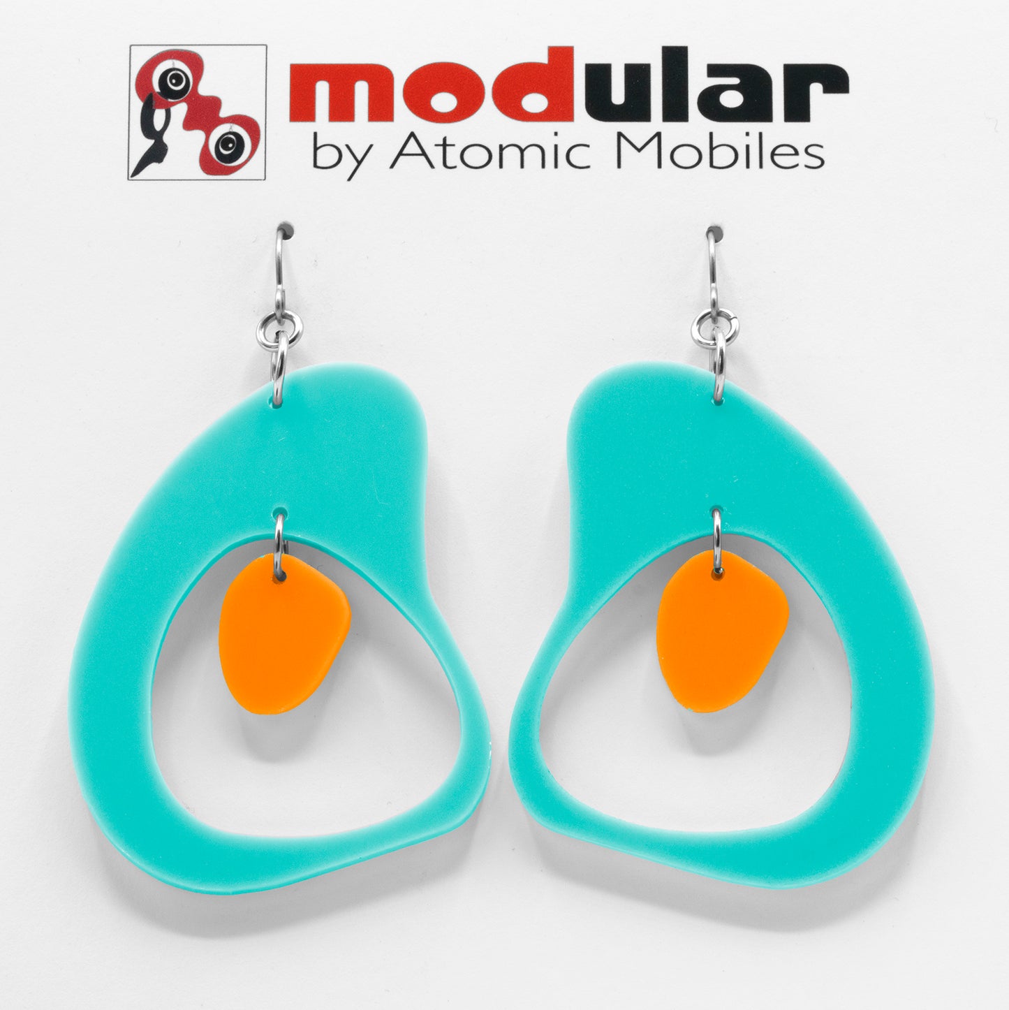 MODular Earrings - Boomerang Statement Earrings in Aqua and Orange by AtomicMobiles.com - retro era inspired mod handmade jewelry