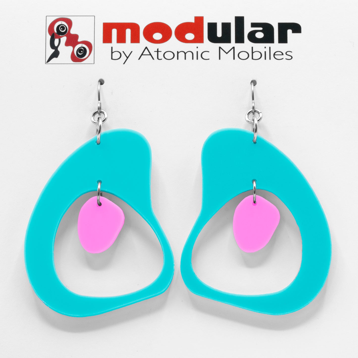 MODular Earrings - Boomerang Statement Earrings in Aqua and Hot Pink by AtomicMobiles.com - retro era inspired mod handmade jewelry