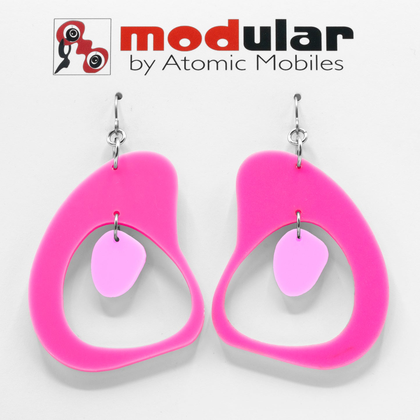 MODular Earrings - Boomerang Statement Earrings in Hot Pink by AtomicMobiles.com - retro era inspired mod handmade jewelry