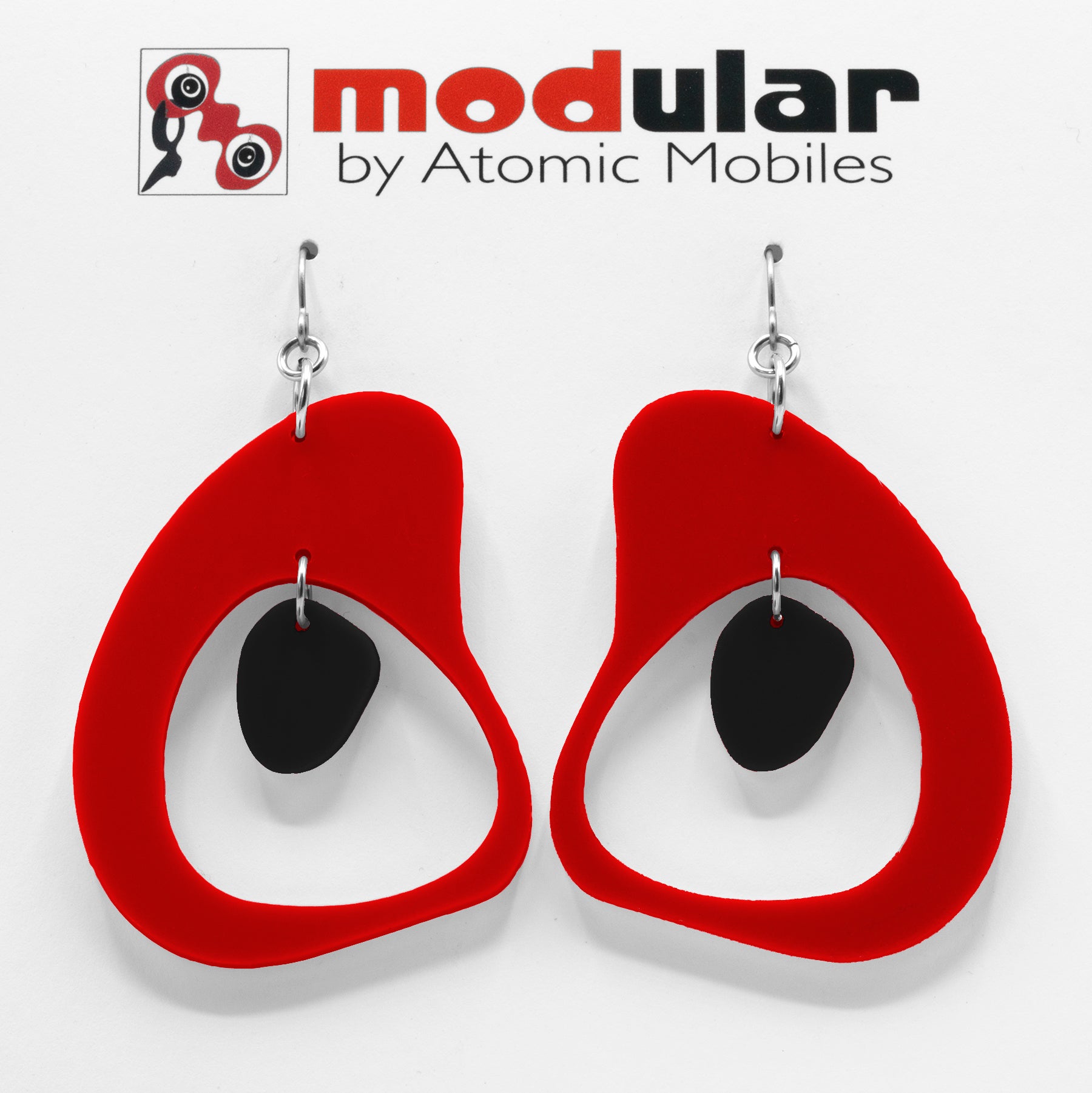 MODular Earrings - Boomerang Statement Earrings in Red and Black by AtomicMobiles.com - retro era inspired mod handmade jewelry