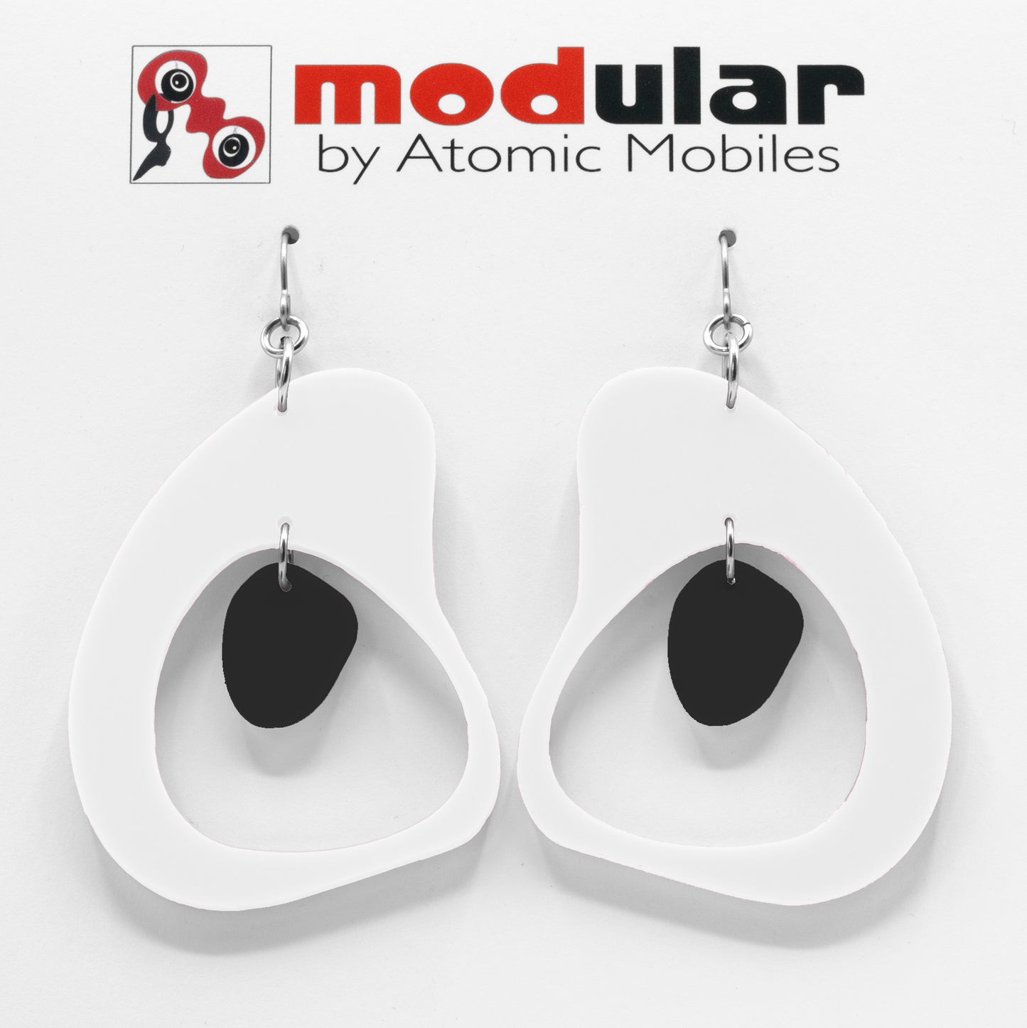 MODular Earrings - Boomerang Statement Earrings in White and Black by AtomicMobiles.com - retro era inspired mod handmade jewelry