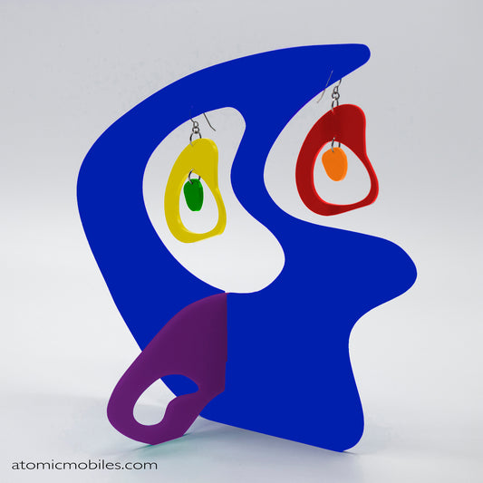 LGBTQ Rainbow Pride Boomerang Tabletop Sculpture + Earrings in Blue, Purple, Red, Yellow, and Orange by AtomicMobiles.com