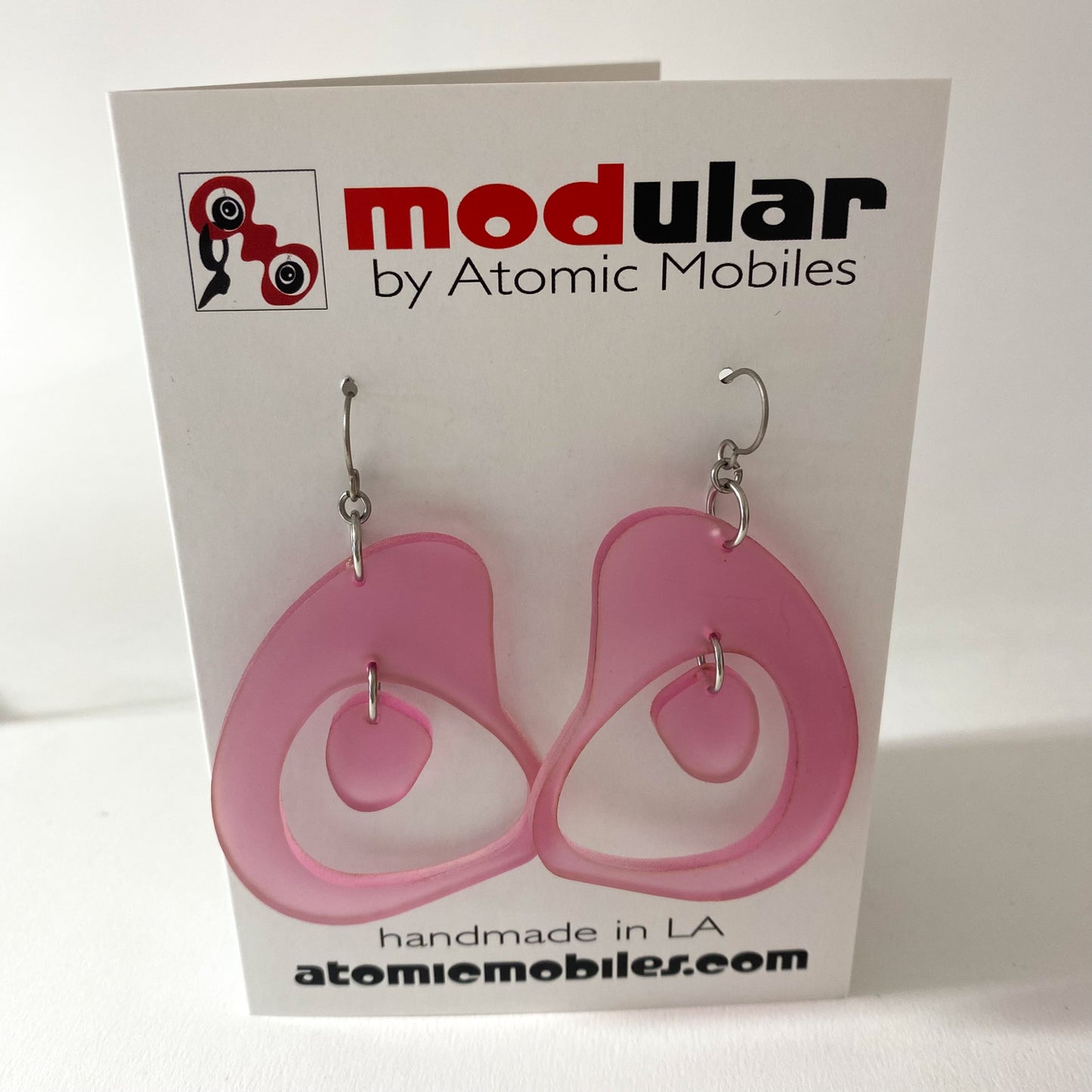 Frosted Pink Boomerang retro mid century modern statement fashion earrings by AtomicMobiles.com