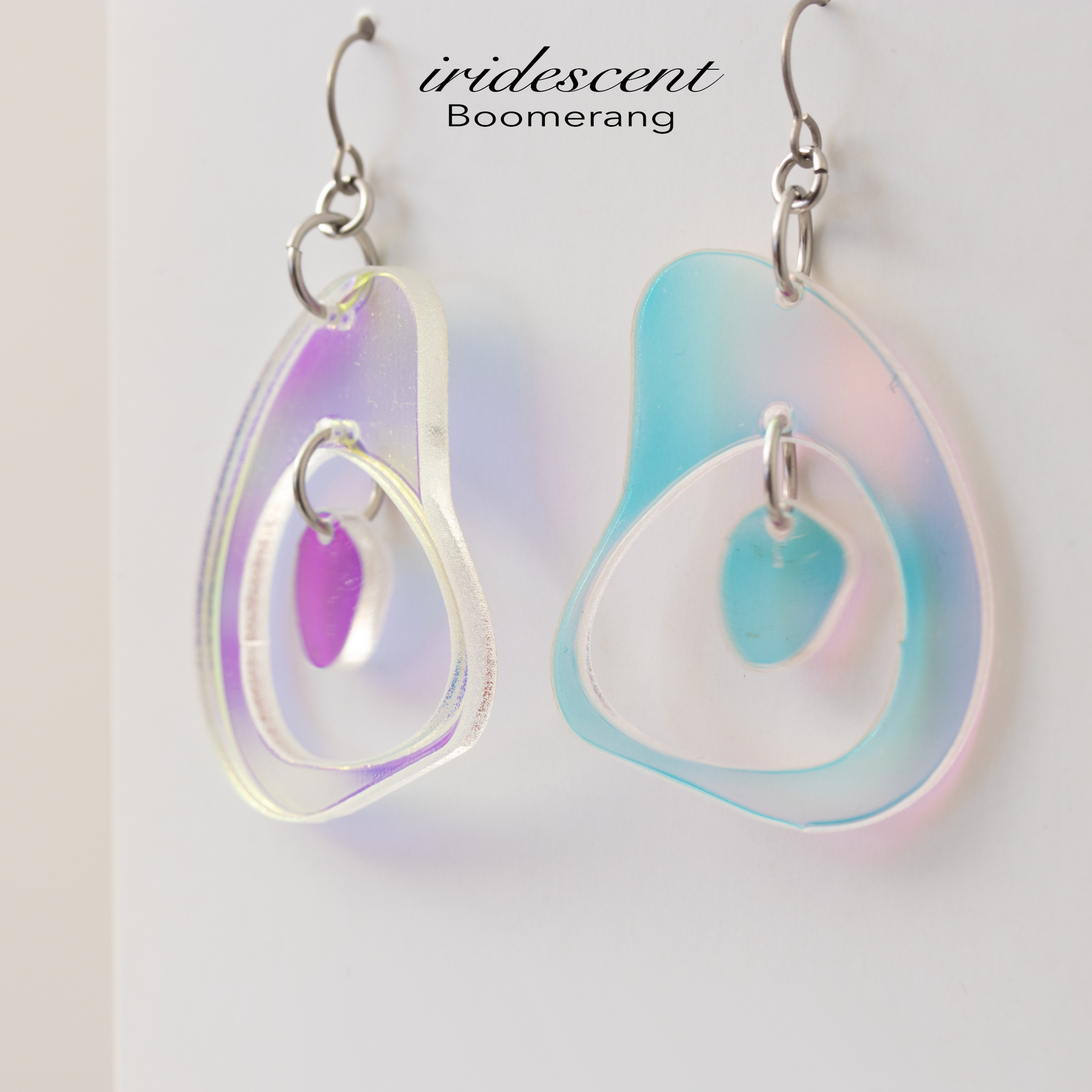 Gorgeous color changing iridescent Boomerang retro mid century modern statement earrings in two sizes by AtomicMobiles.com