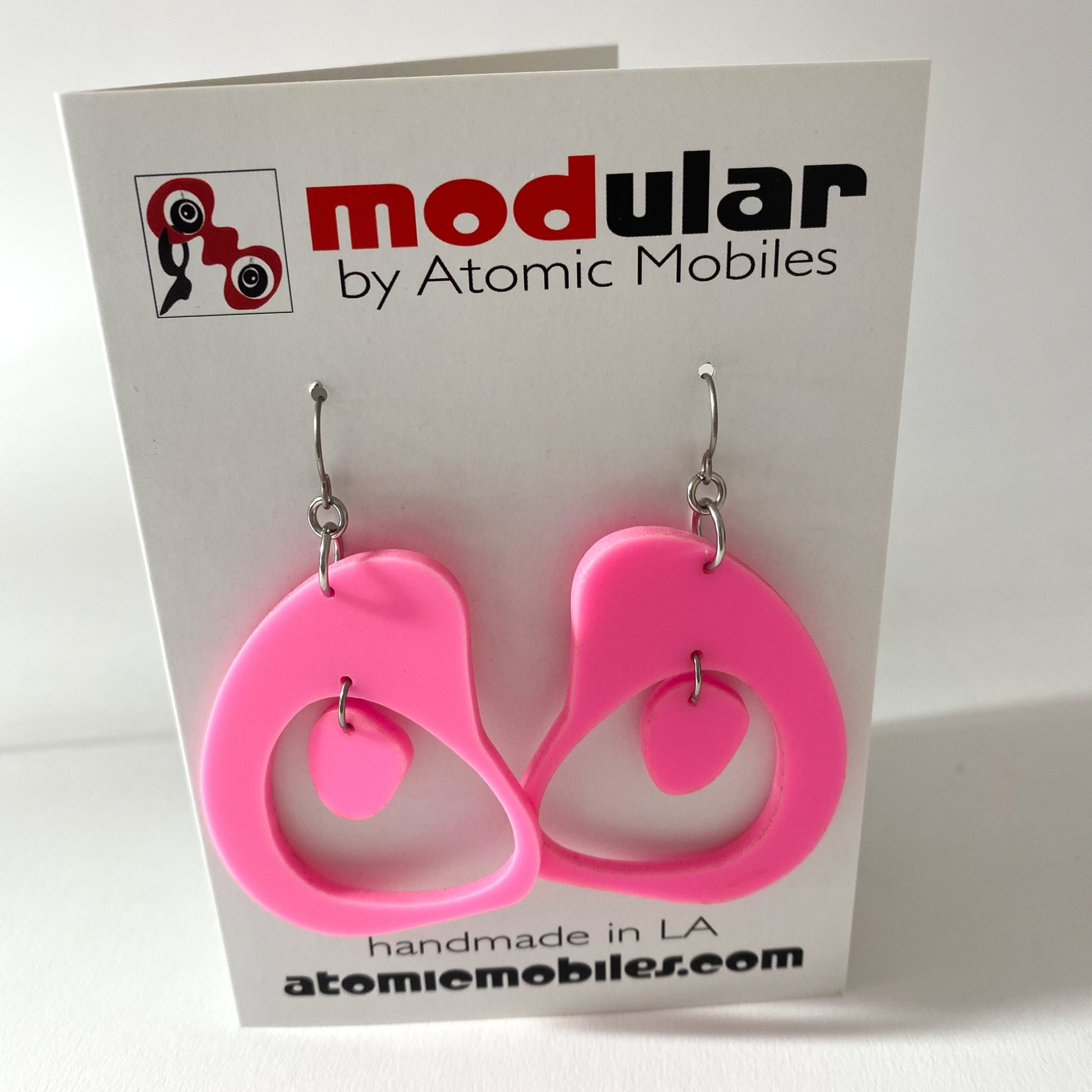 Pink Boomerang Earrings - retro mid century modern earrings in pink acrylic by AtomicMobiles.com