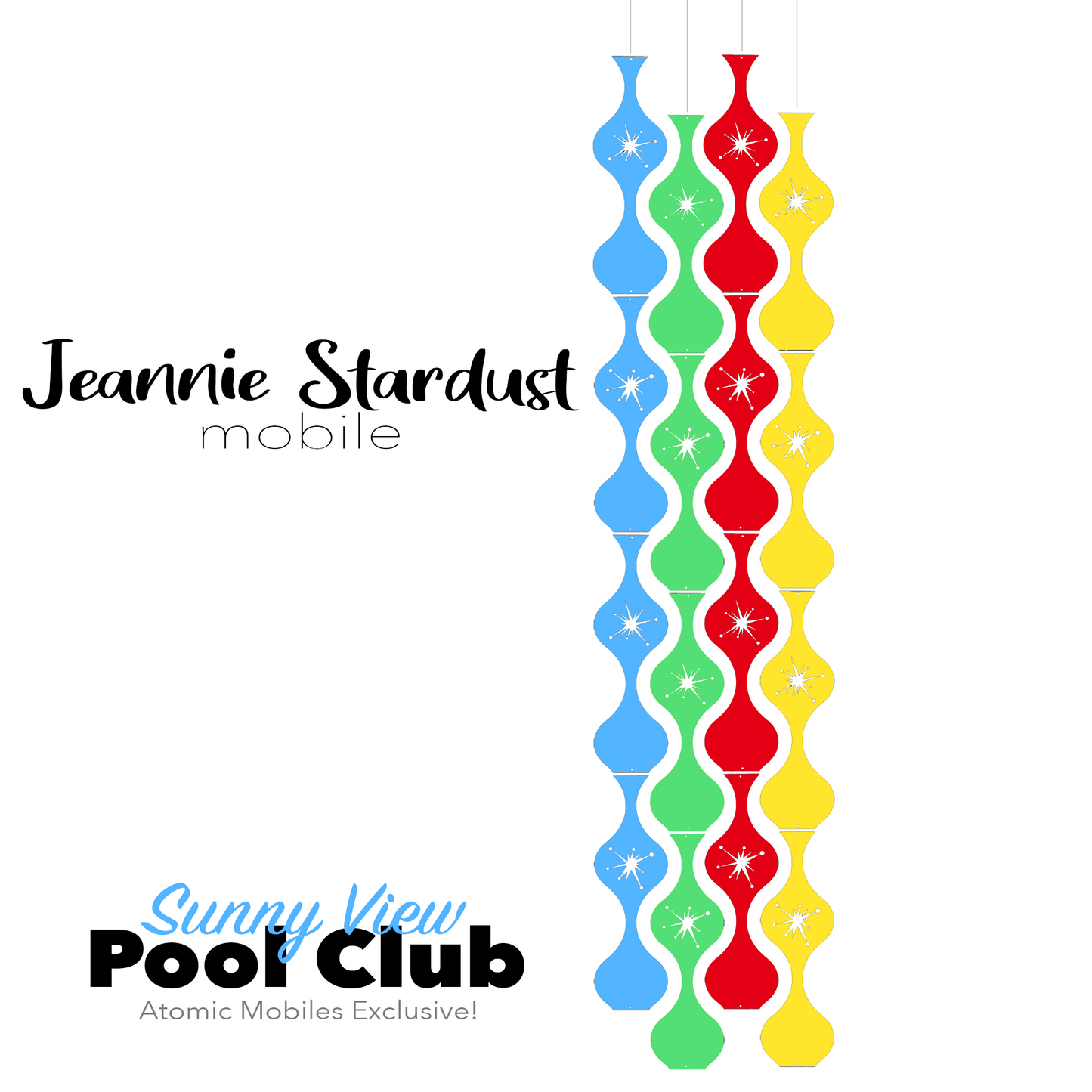 Sunny View Pool Club Jeannie Stardust Hanging Art Mobile - mid century modern home decor in Light Blue Lime Red and Yellow - by AtomicMobiles.com