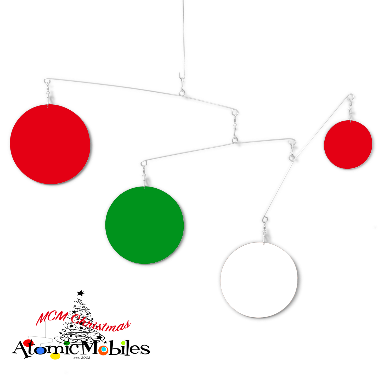 Unique Christmas Decoration - kinetic hanging art mobile in Christmas colors of Red, Green, and White by AtomicMobiles.com