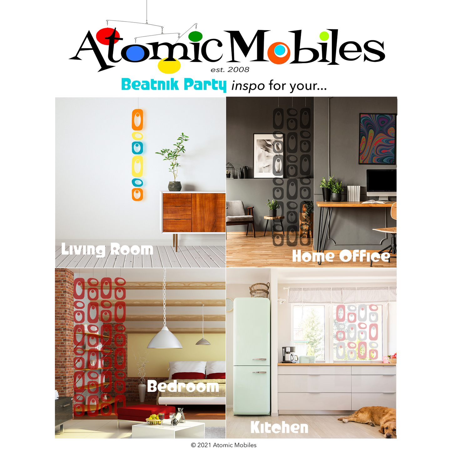 Inspo for Beatnik Party Room Dividers, hanging art mobiles, and curtains DIY Kits by AtomicMobiles.com