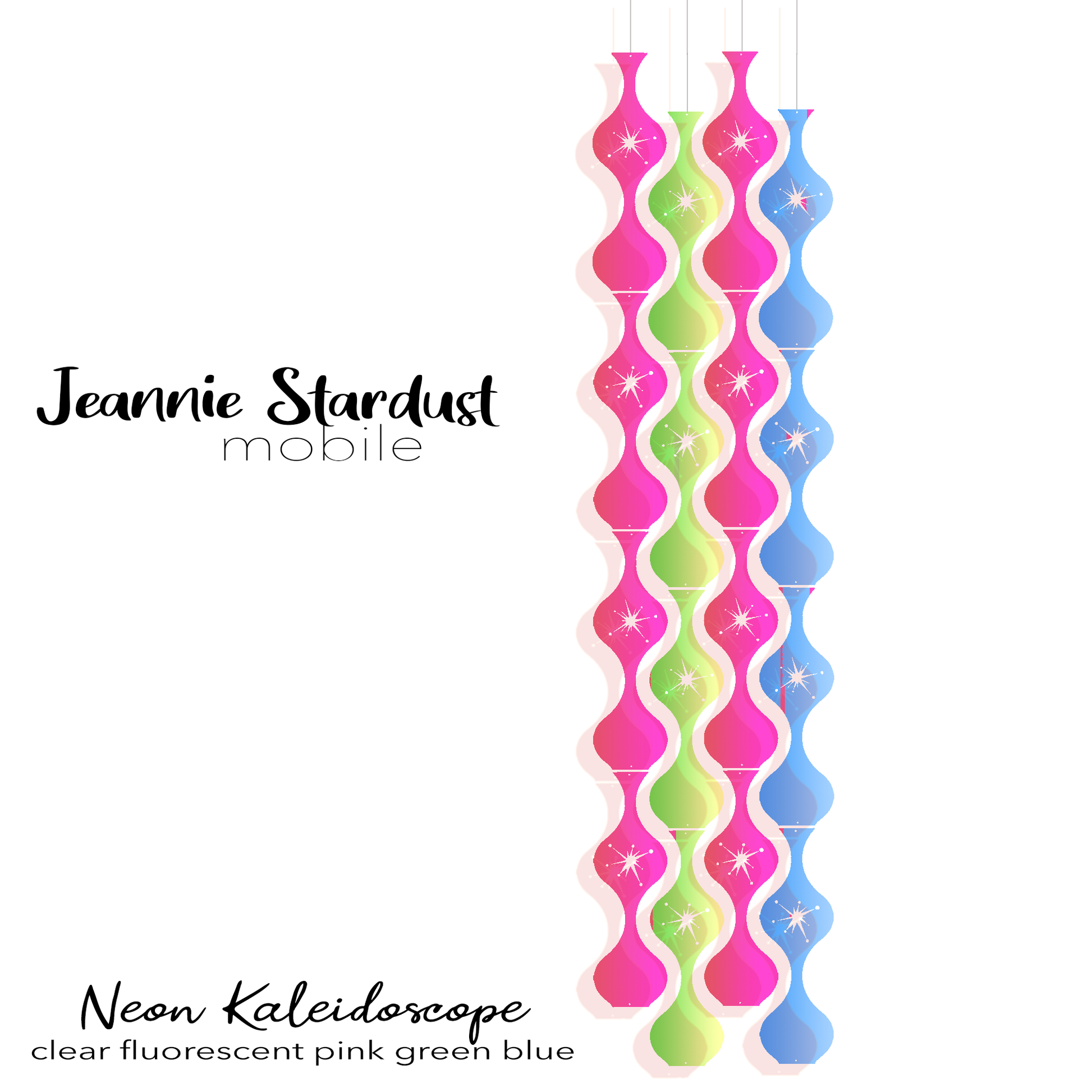 Fluorescent Jeannie Stardust in Neon Multi Colors of Hot Pink, Green, and Blue plexiglass acrylic - DIY KIT for hanging art mobiles for mid century modern room decor by AtomicMobiles.com