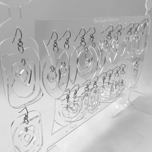 10 Pair of Groovy Clear Lucite Acrylic Retro Statement Earrings and Earring Holder by AtomicMobiles.com