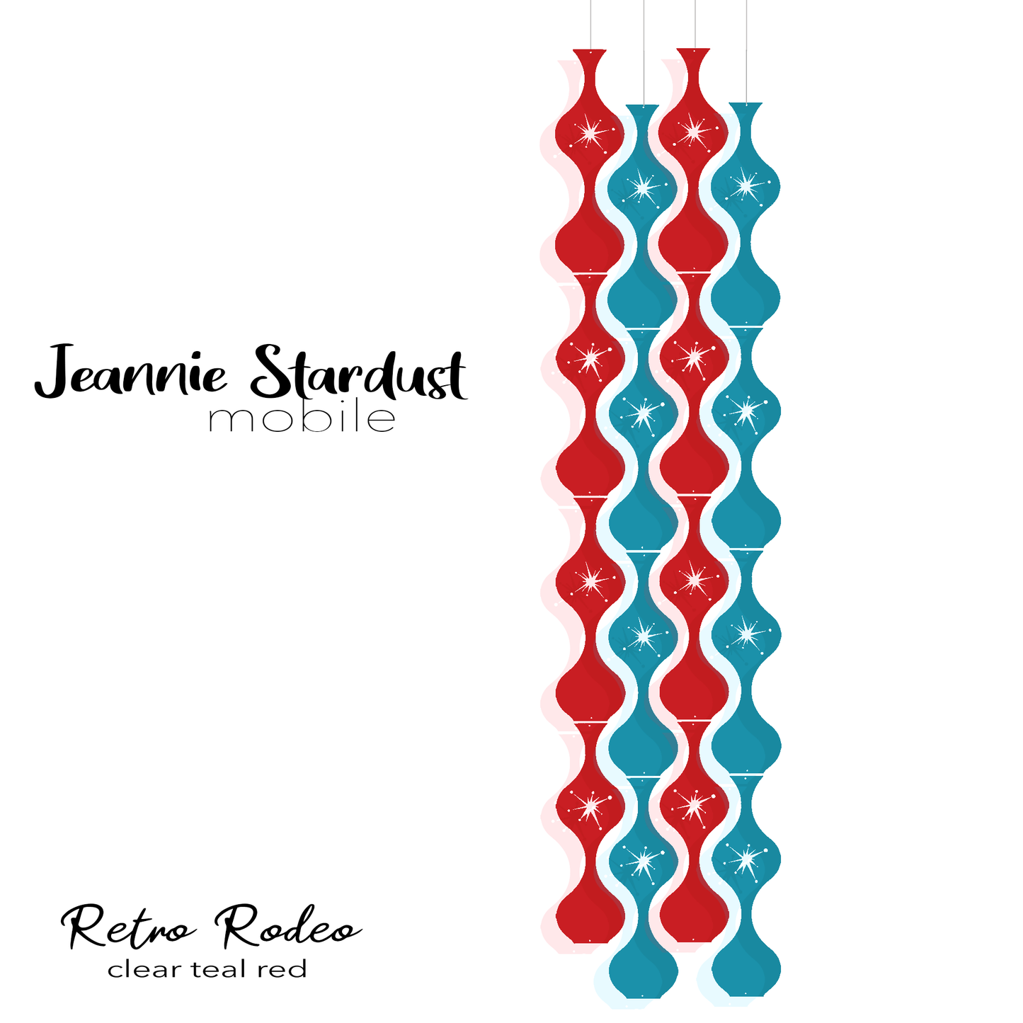  Jeannie Stardust Retro Rodeo - Clear ruby red and teal plexiglass acrylic hanging art mobiles in mid century modern style for home decor by AtomicMobiles.com