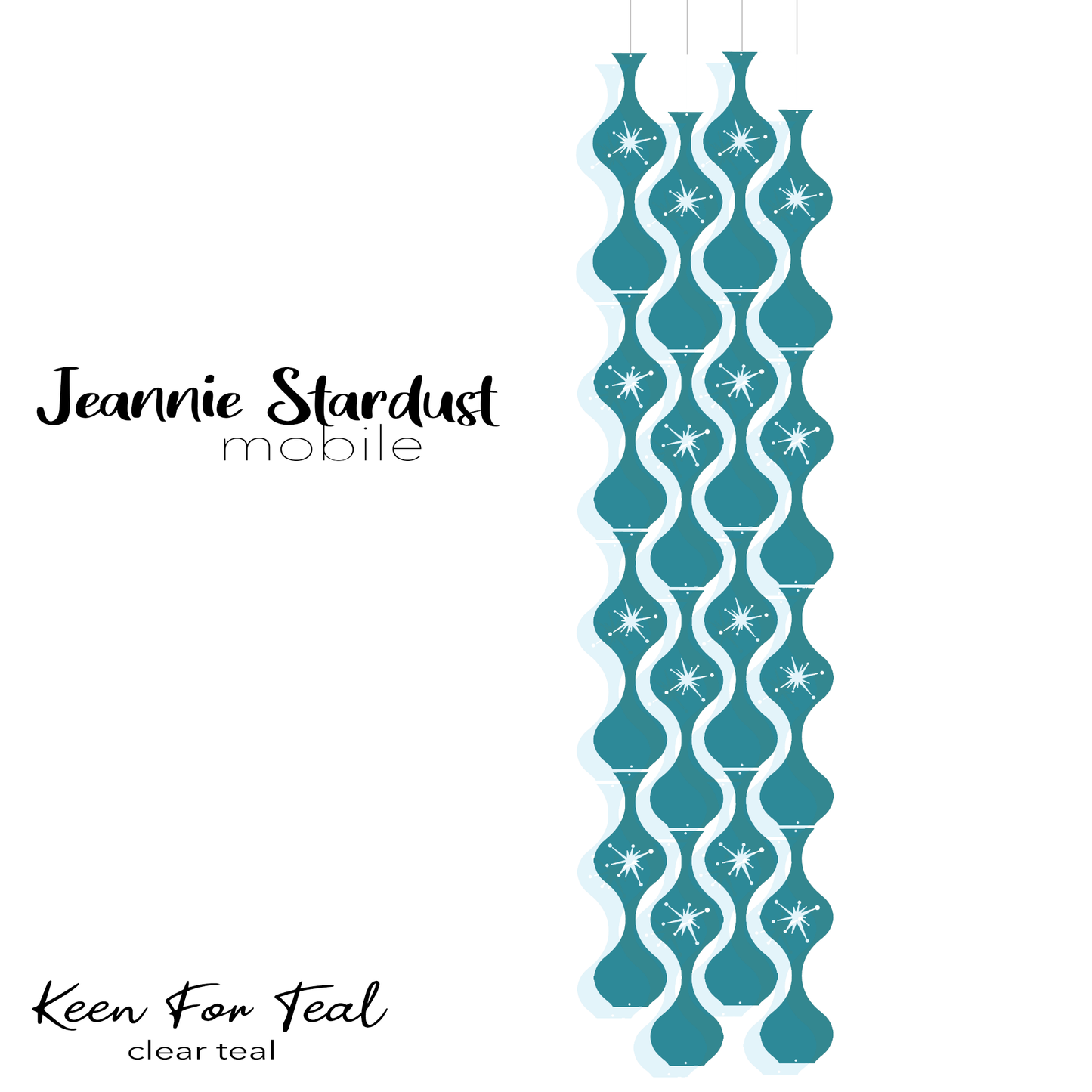  Jeannie Stardust Keen For Teal  - Clear teal blue plexiglass acrylic hanging art mobiles in mid century modern style for home decor by AtomicMobiles.com