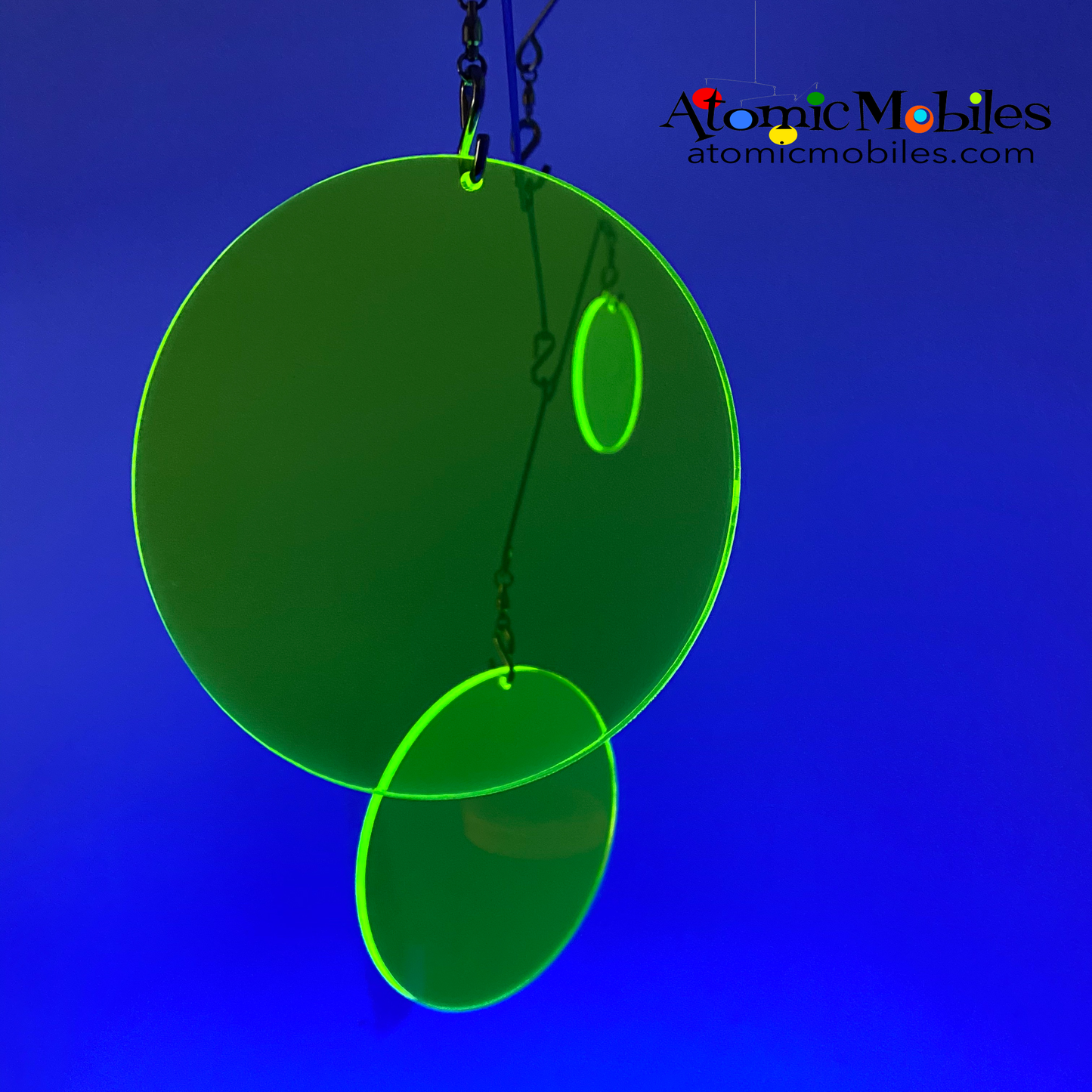 Neon Fluorescent Lime Green Atomic Mobile under black light -  hanging modern kinetic art mobiles by AtomicMobiles.com