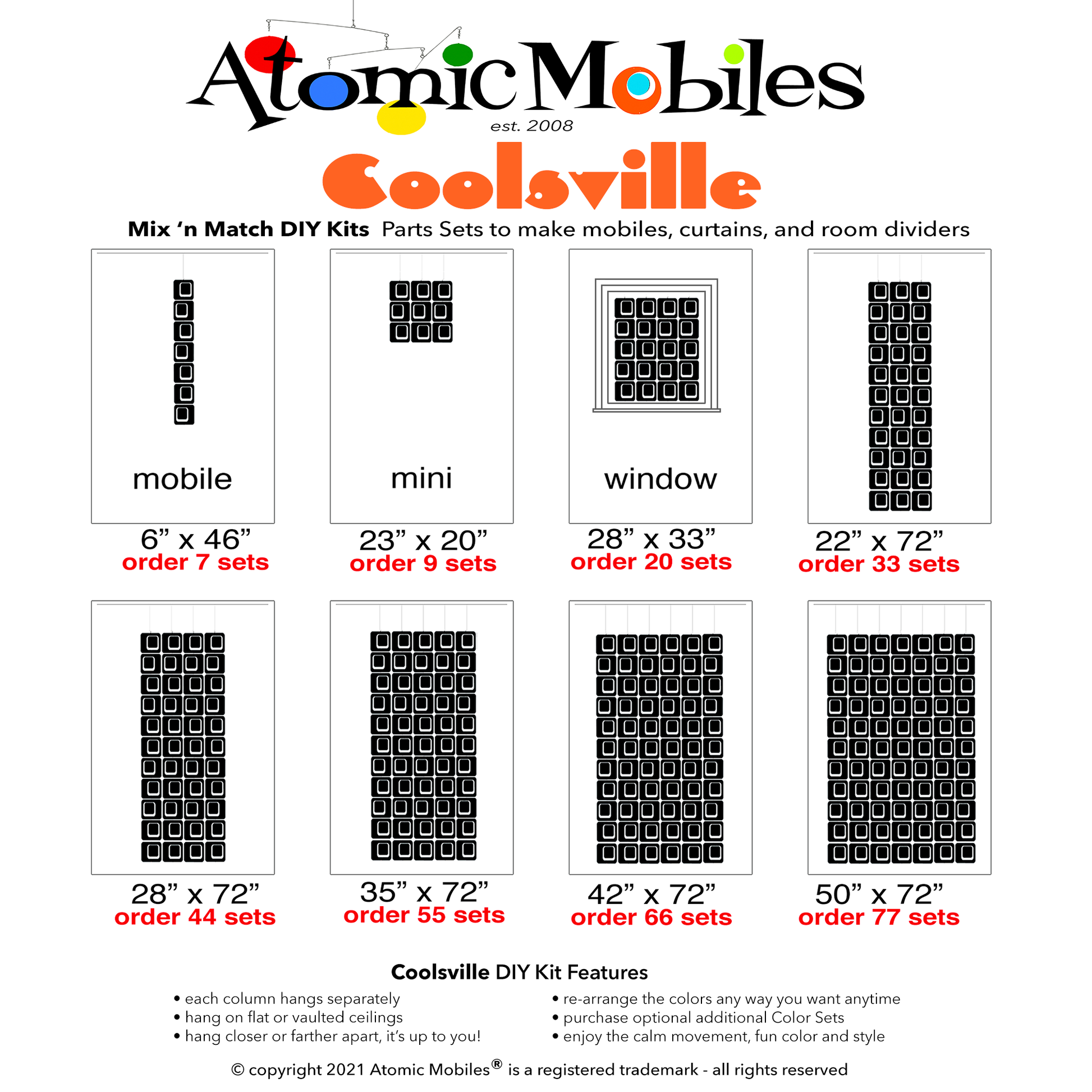 Coolsville Size Chart for mix 'n match DIY kits to make hanging art mobiles, room dividers, and curtains by AtomicMobiles.com