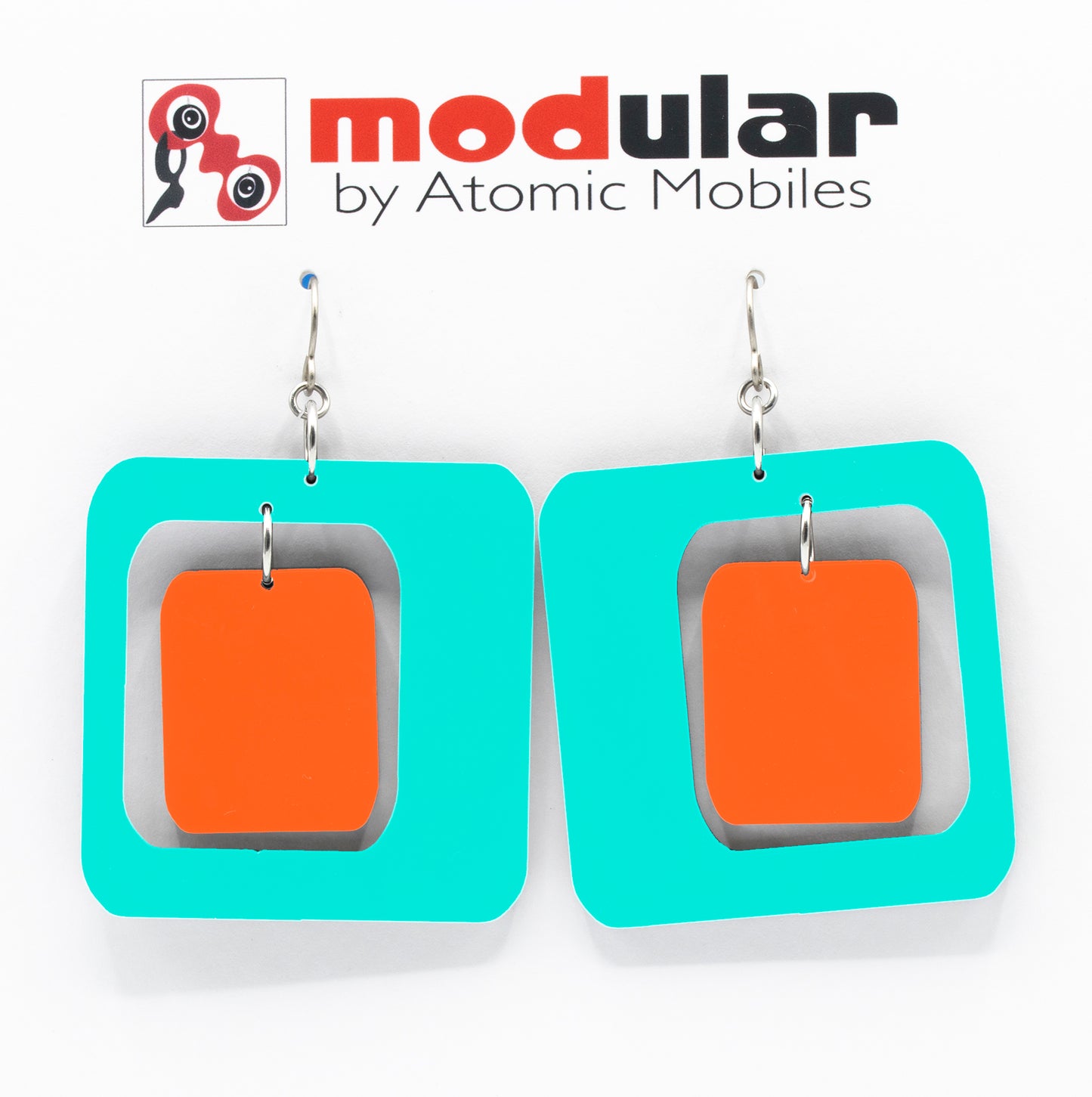 MODular Earrings - Coolsville Statement Earrings in Aqua and Orange by AtomicMobiles.com - retro era inspired mod handmade jewelry