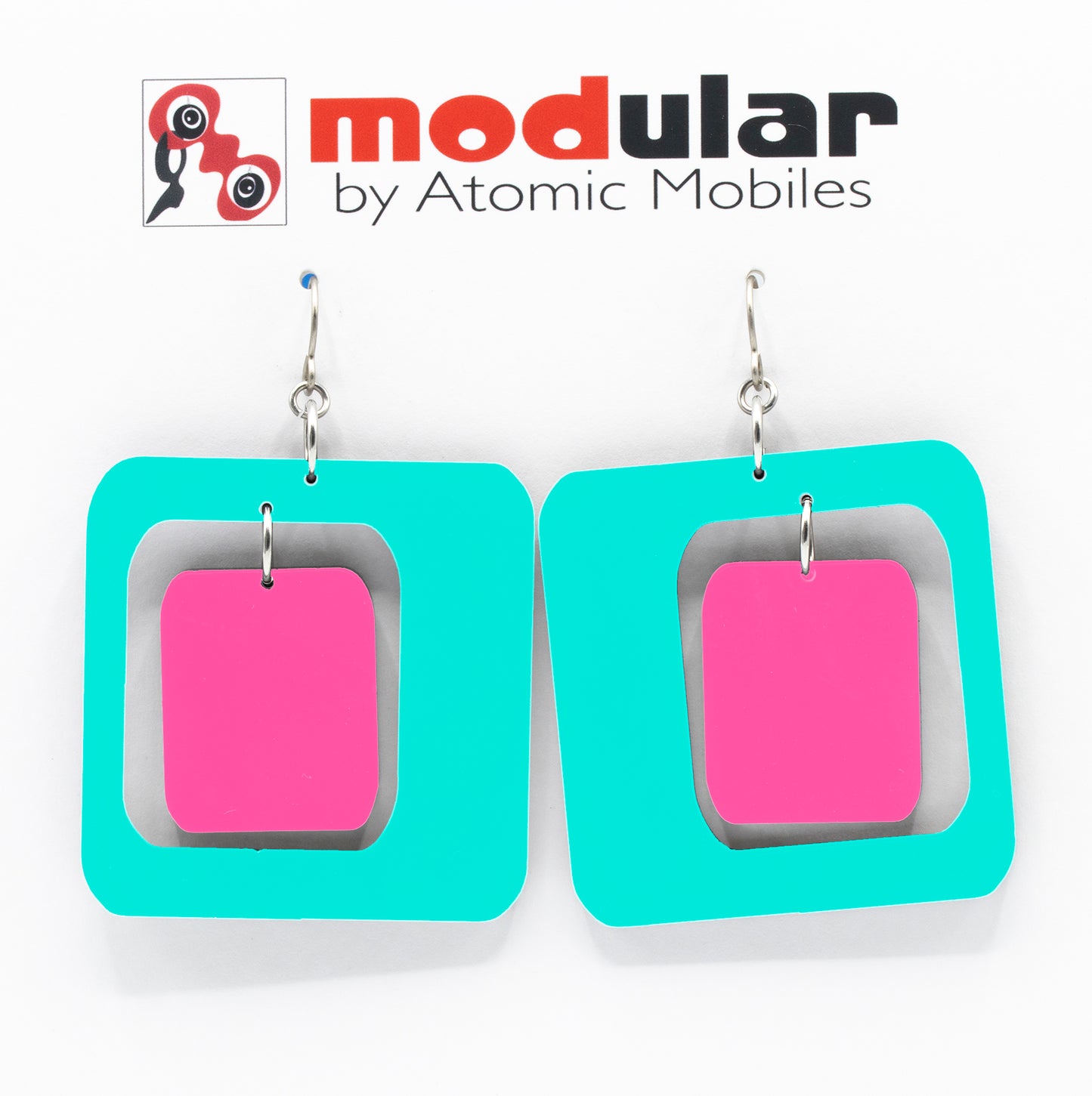 MODular Earrings - Coolsville Statement Earrings in Aqua and Hot Pink by AtomicMobiles.com - retro era inspired mod handmade jewelry