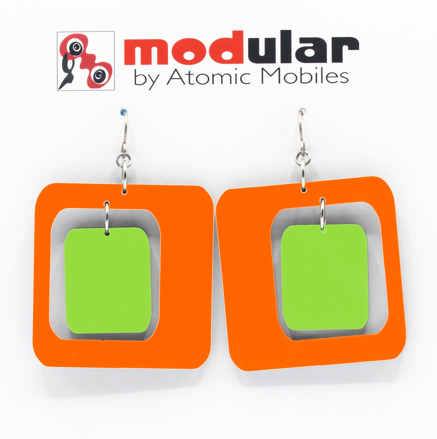 MODular Earrings - Coolsville Statement Earrings in Orange and Lime by AtomicMobiles.com - retro era inspired mod handmade jewelry