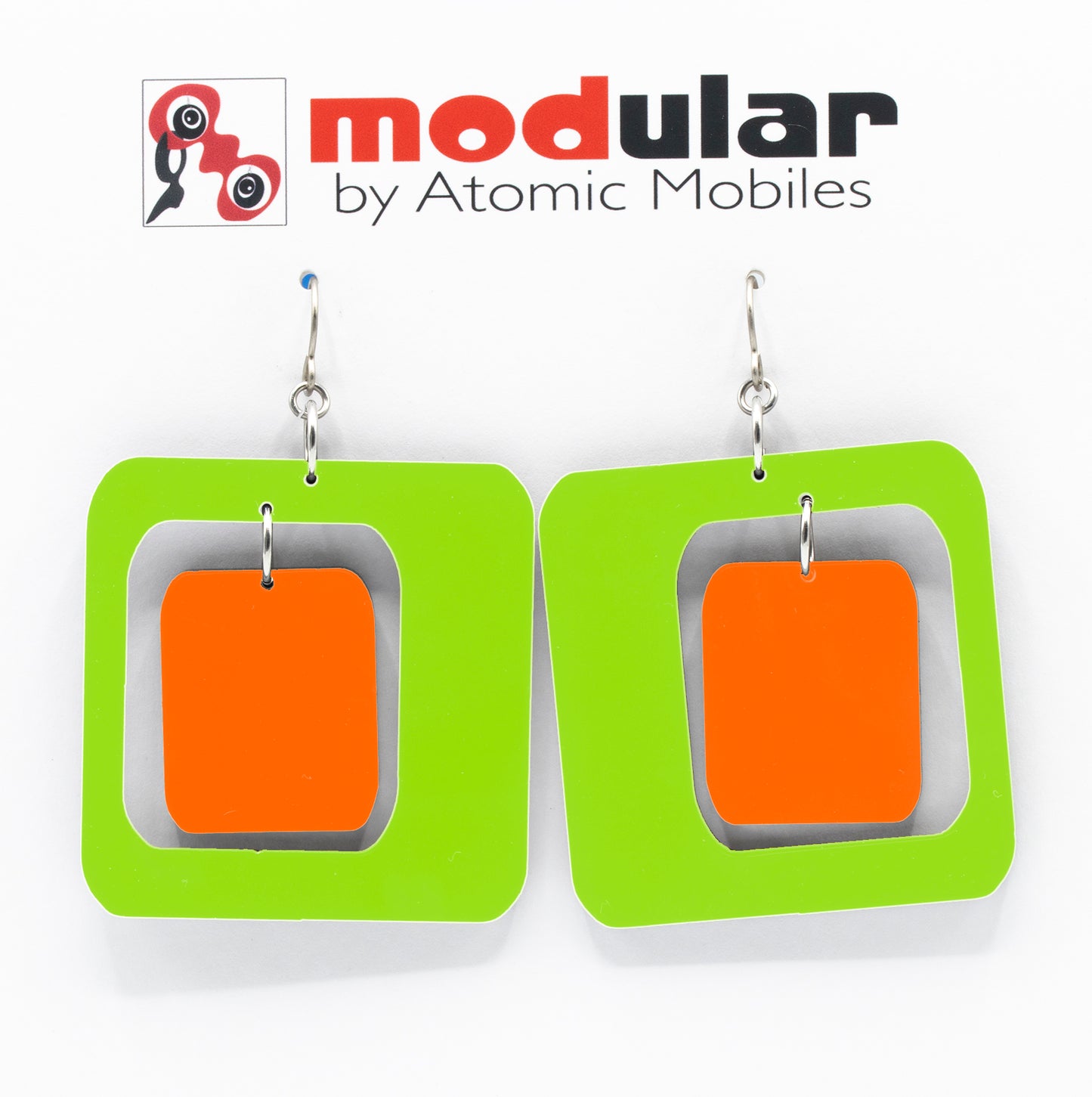 MODular Earrings - Coolsville Statement Earrings in Lime and Orange by AtomicMobiles.com - retro era inspired mod handmade jewelry