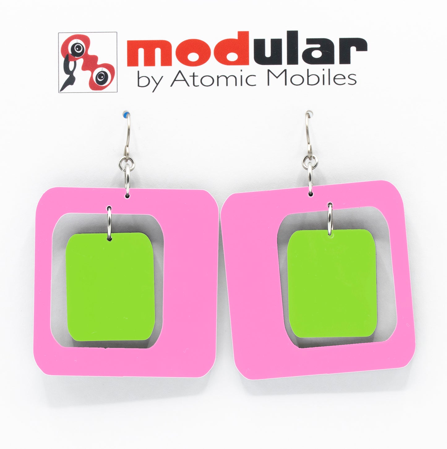 MODular Earrings - Coolsville Statement Earrings in Hot Pink and Lime by AtomicMobiles.com - retro era inspired mod handmade jewelry