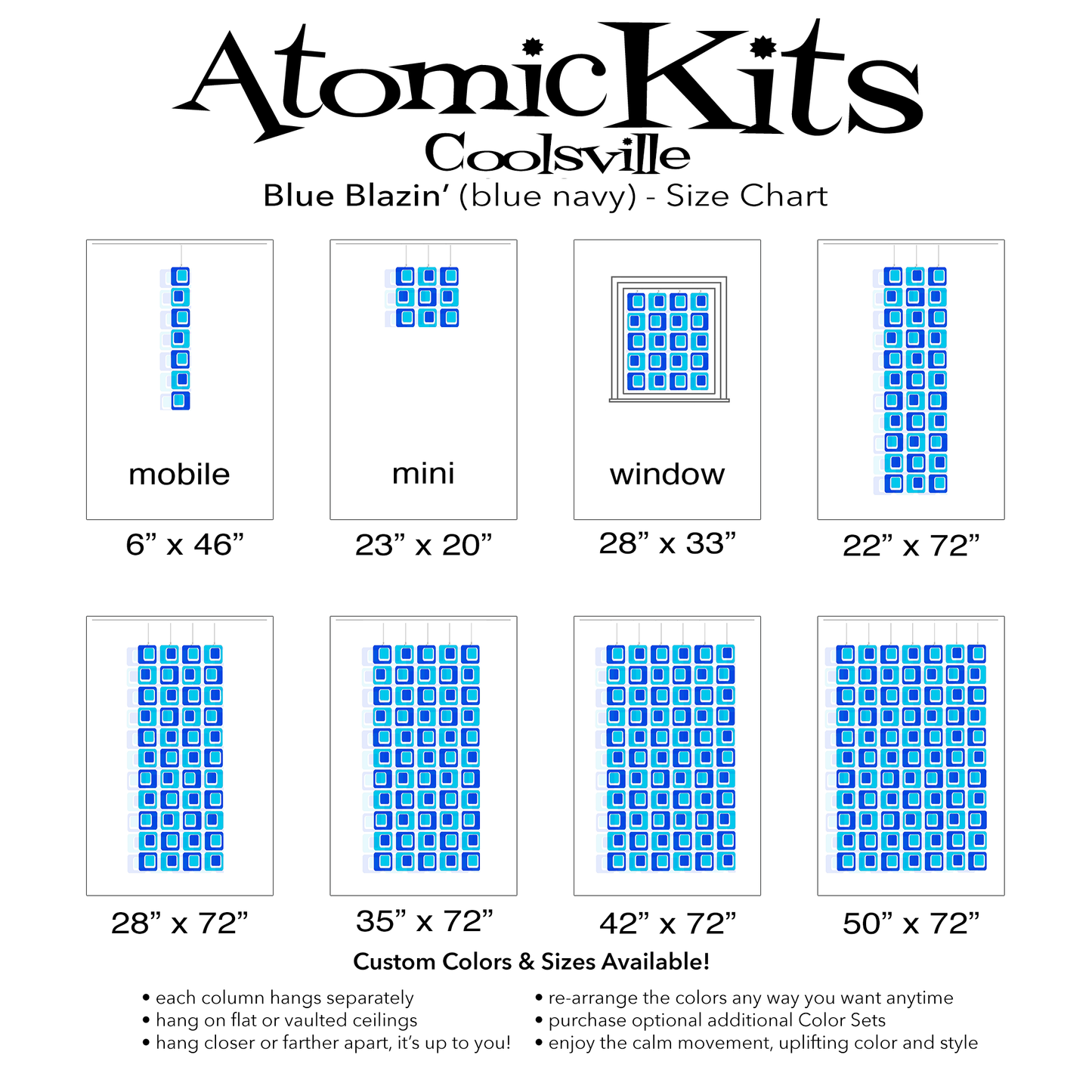 Color Chart for Blue and Navy Coolsville Reflective Room Divider, Curtain, Partition, Wall Art, Mobile by AtomicMobiles.com