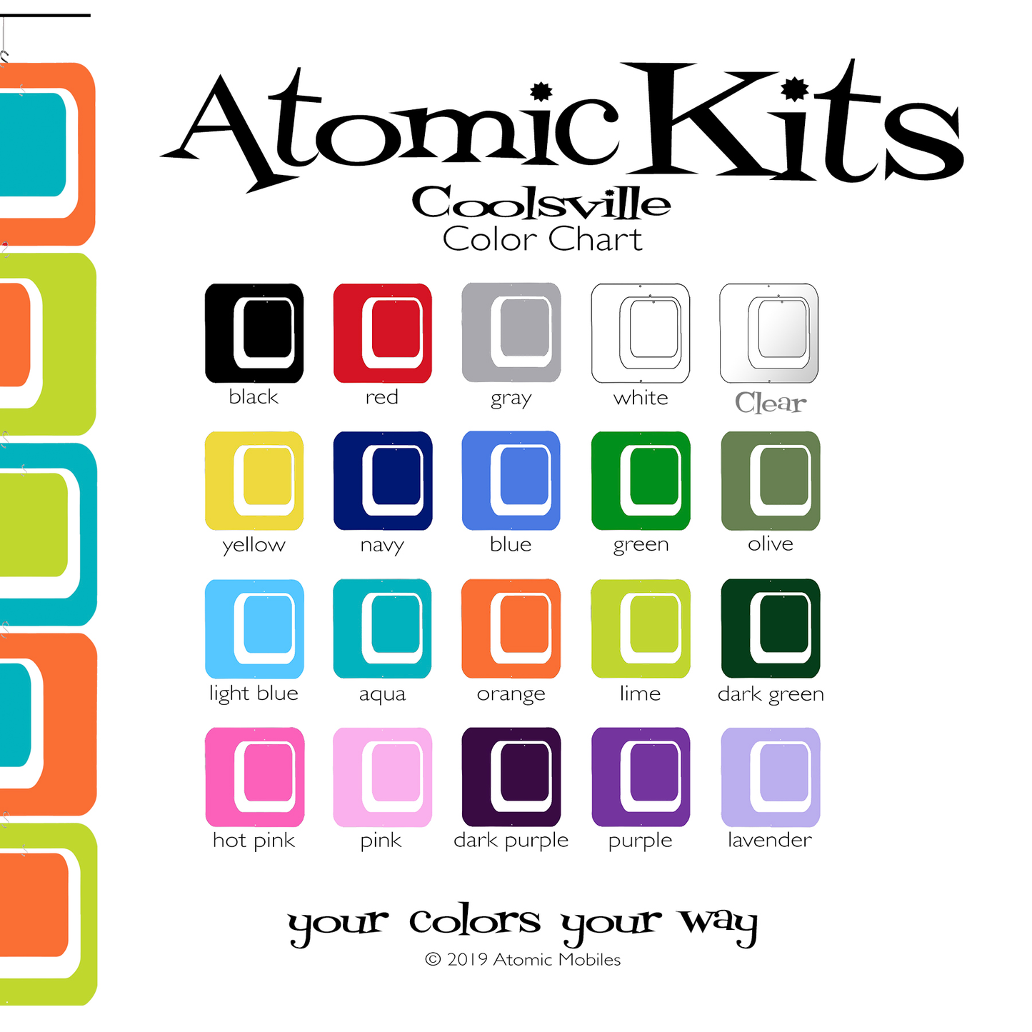 Atomic Kit Color Chart for Coolsville Room Dividers, Partitions, Screens, and mobiles by AtomicMobiles.com