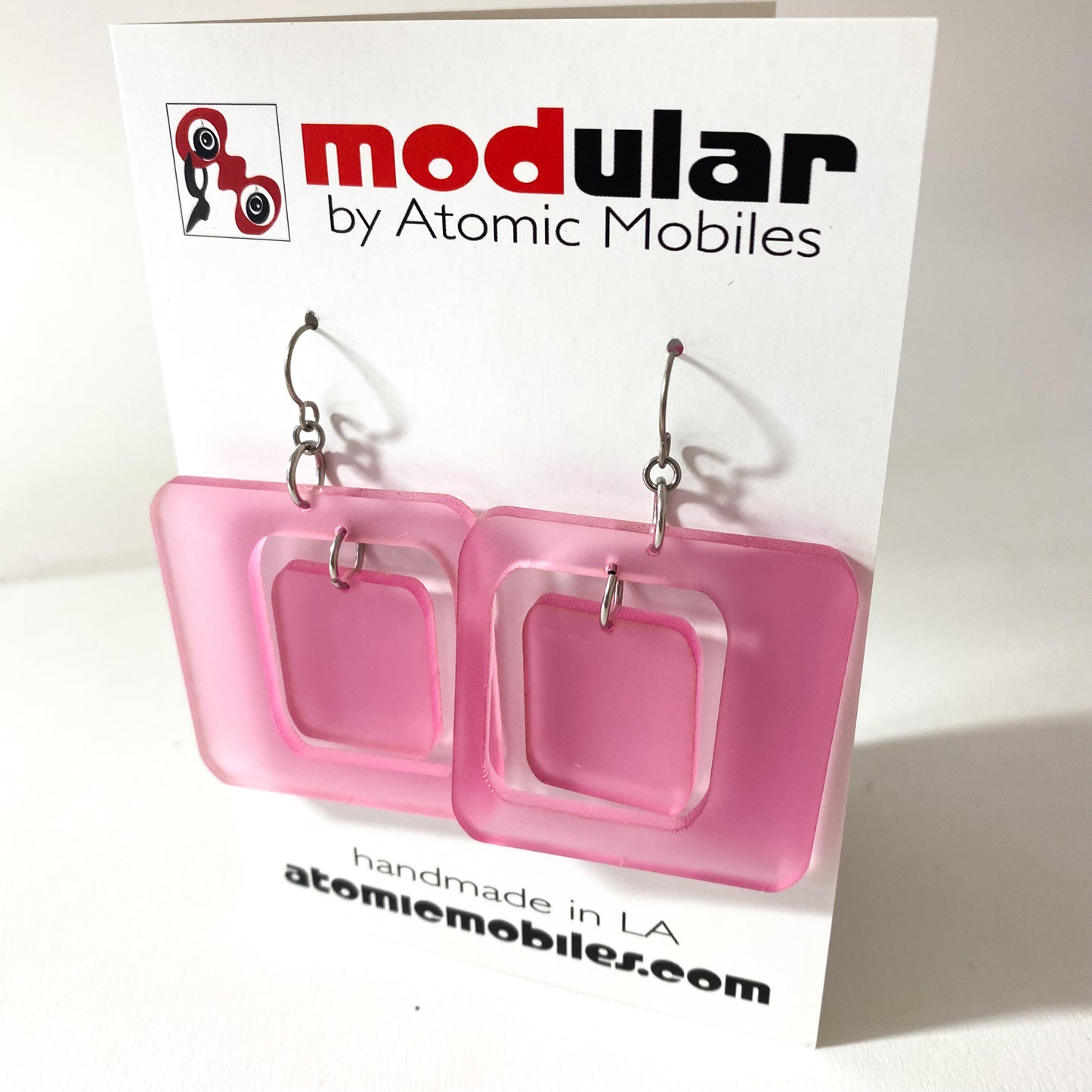 Frosted Pink Coolsville retro mid century modern statement fashion earrings by AtomicMobiles.com