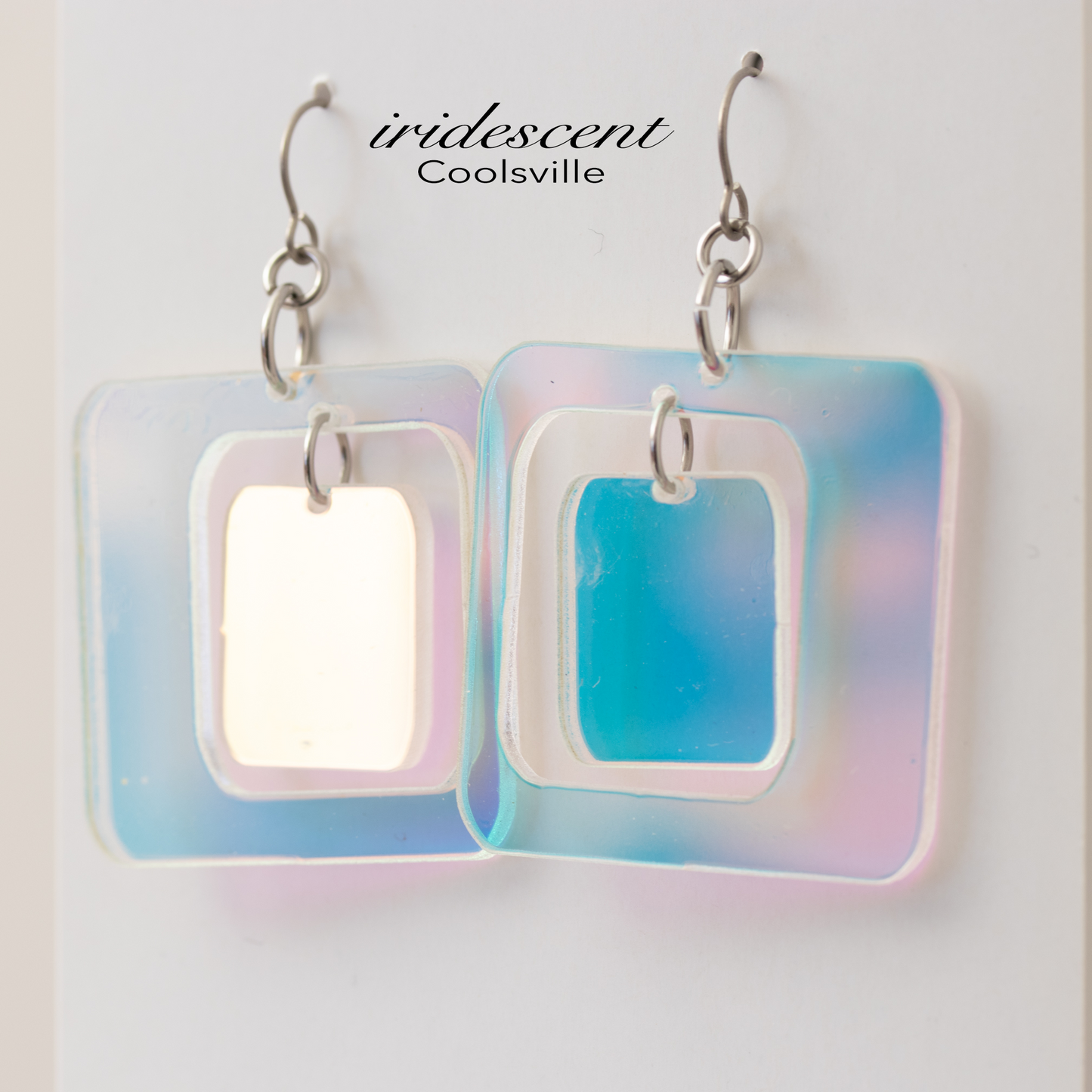 Gorgeous color changing iridescent Coolsville retro mid century modern statement earrings in two sizes by AtomicMobiles.com