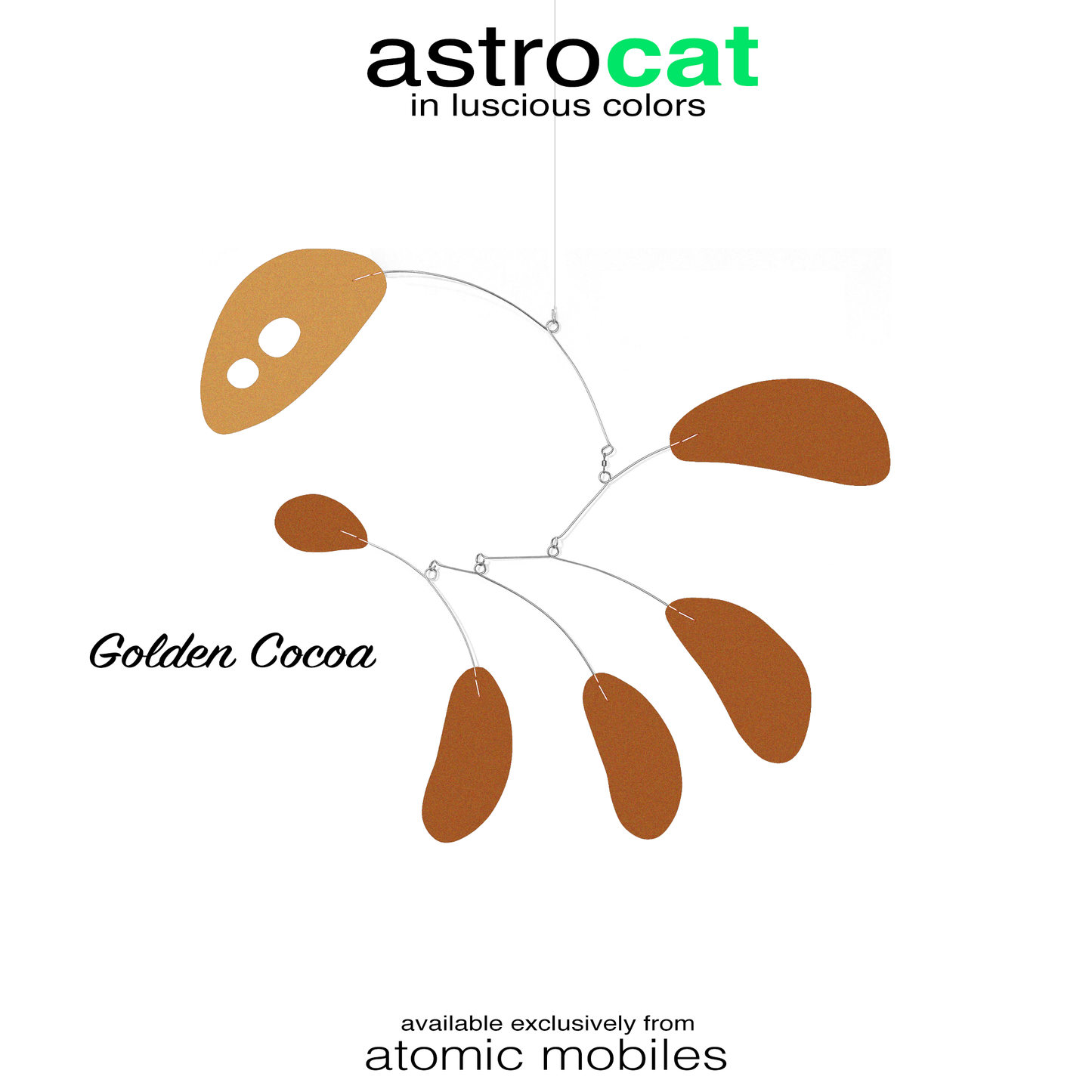 GROOVECATS AstroCat style kinetic hanging art mobile in Fall Colors of brown and metallic gold -- called Golden Cocoa --by AtomicMobiles.com