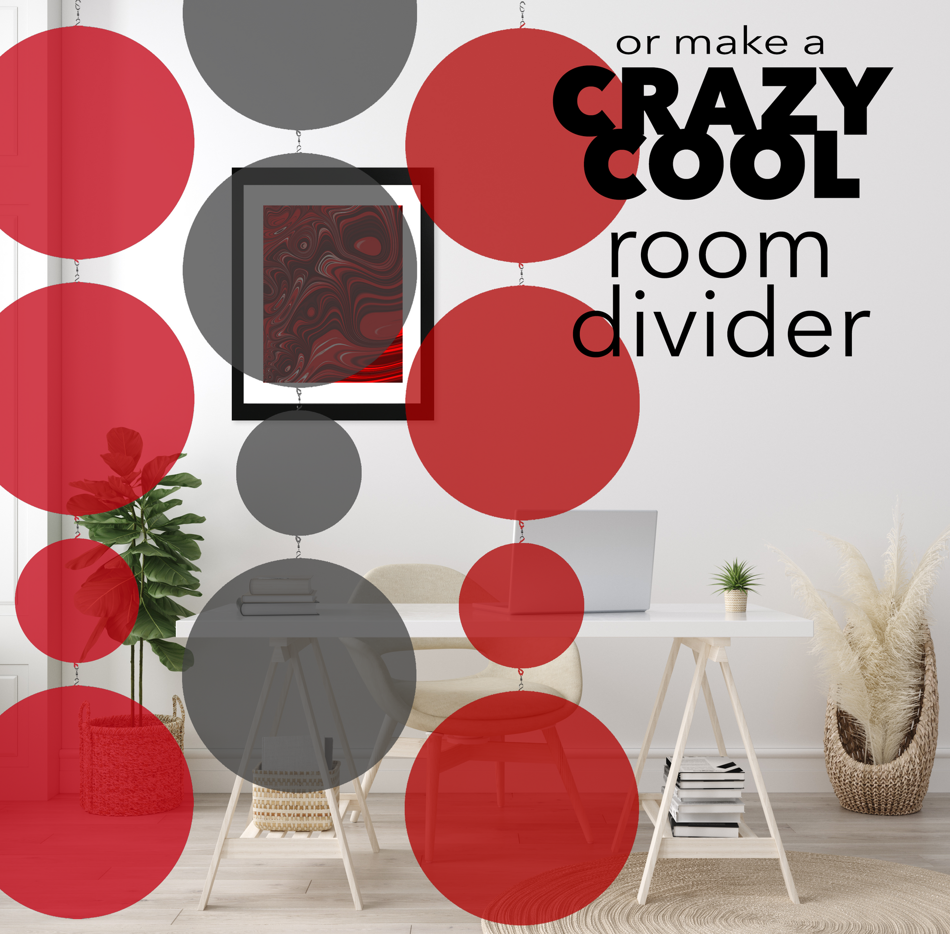 Home Office with desk, computer, framed abstract art, and XL BOLD AF Hanging Modern Art Mobile Sculpture as a CRAZY COOL Room Divider - unlike any in the world - in clear transparent red acrylic by AtomicMobiles.com