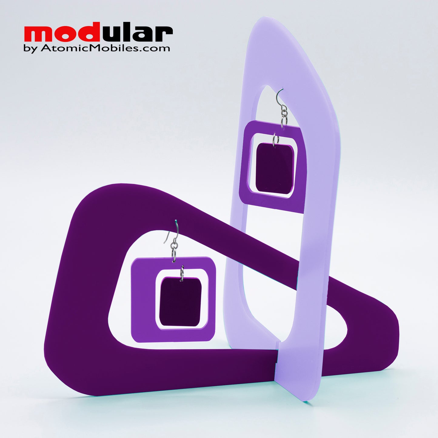 Handmade Coolsville mod style earrings and stabile kinetic modern art sculpture in shades of Purple by AtomicMobiles.com