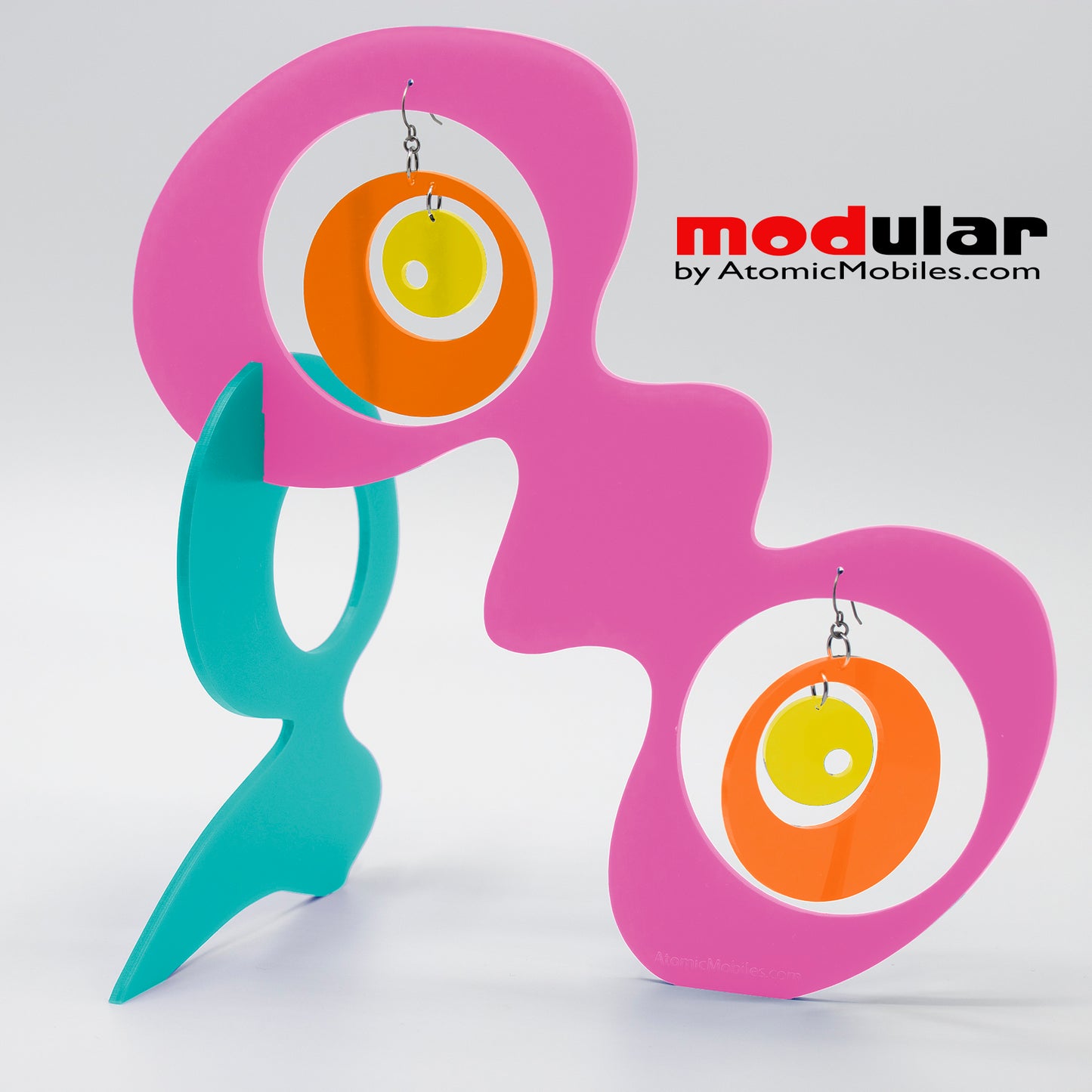 Handmade Groovy style earrings and stabile kinetic modern art sculpture in Hot Pink Aqua Orange and Yellow by AtomicMobiles.com