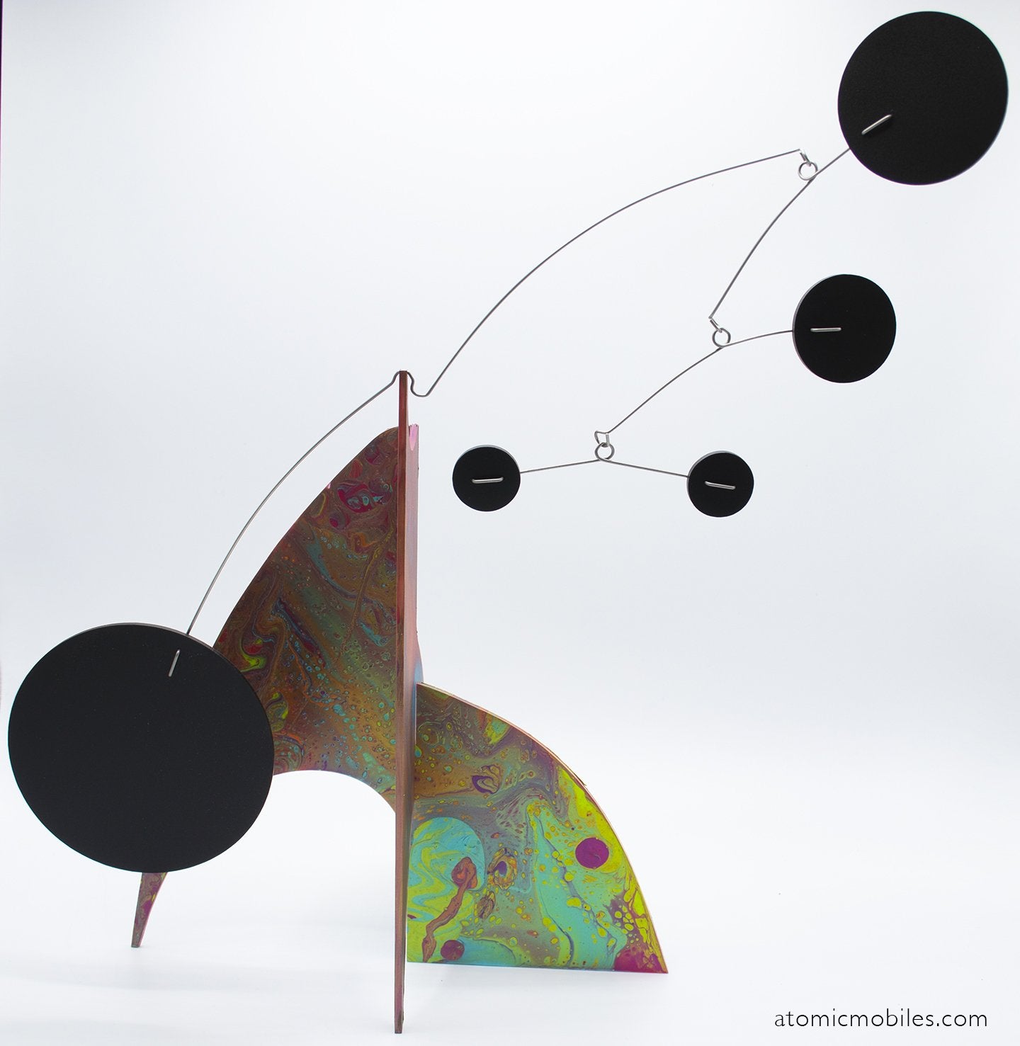 Stunning hand painted luminescent lime, blue, red, yellow color kinetic modern art stabile sculpture by AtomicMobiles.com
