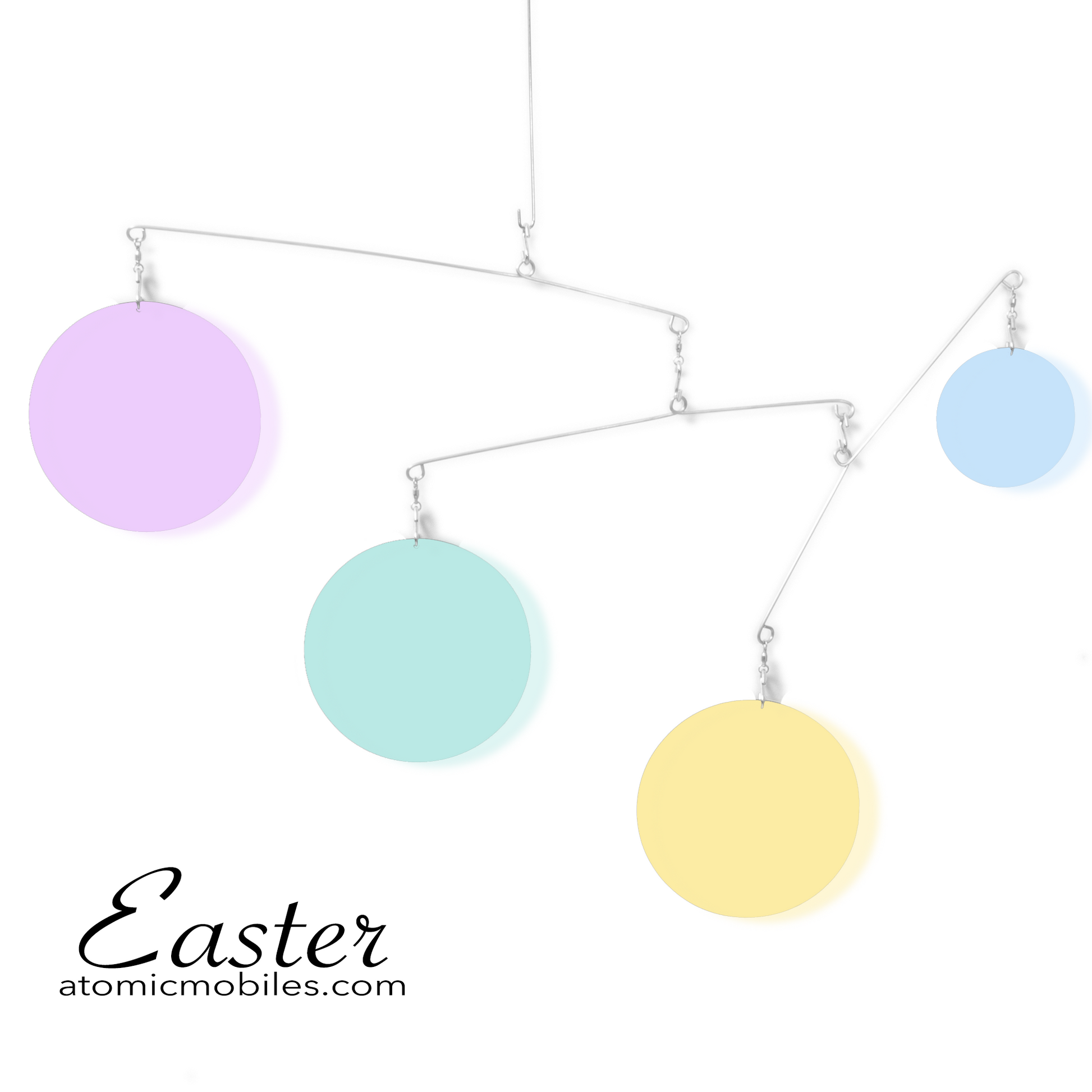 Unique Easter Decoration - kinetic hanging art mobile in Easter colors of semi-translucent pastel Purple, Aqua, Yellow, and Blue by AtomicMobiles.com
