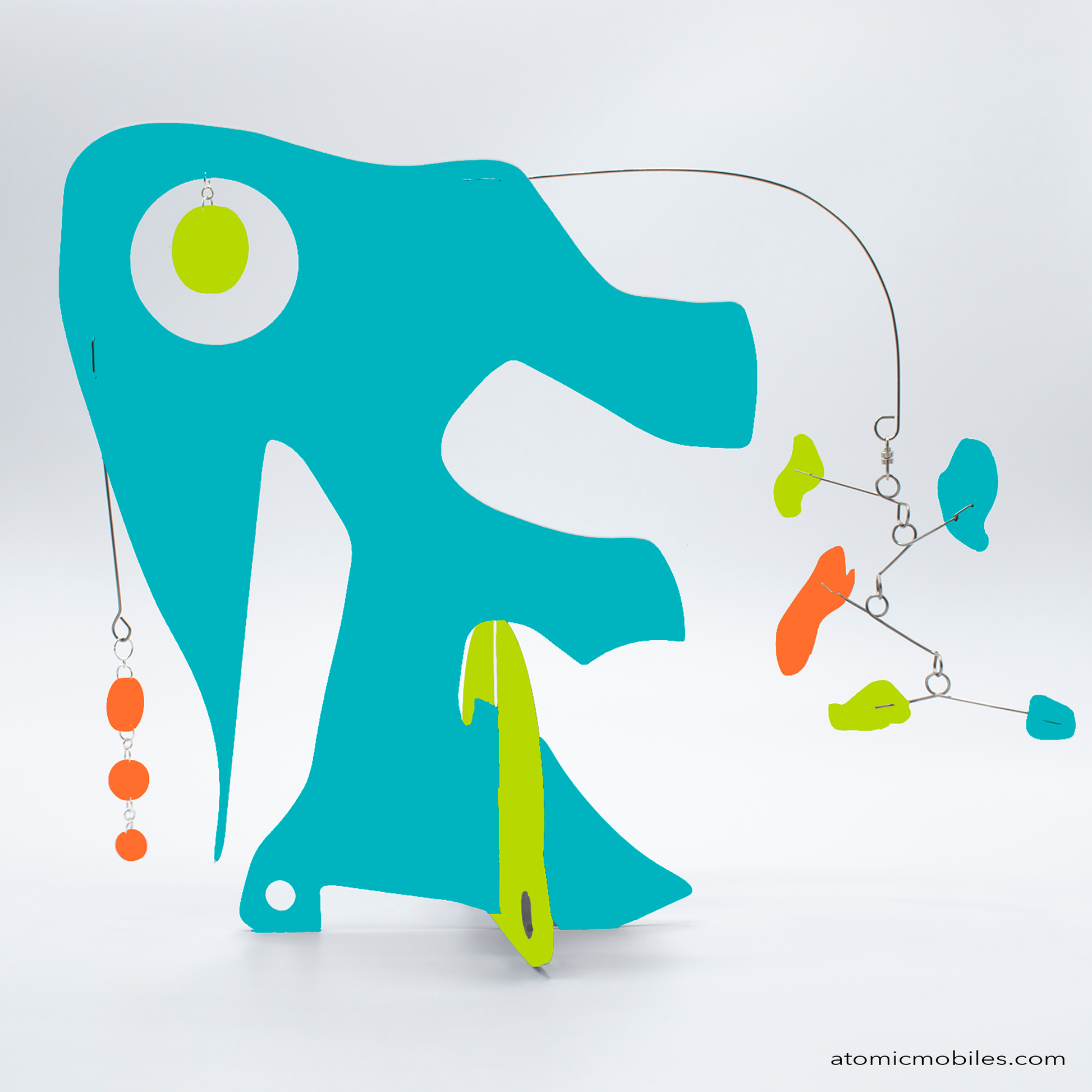 KinetiCats Collection Elephant in Aqua, Orange, and Lime Green - one of 12 Modern Cute Abstract Animal Art Sculpture Kinetic Stabiles inspired by Dada and mid century modern style art by AtomicMobiles.com