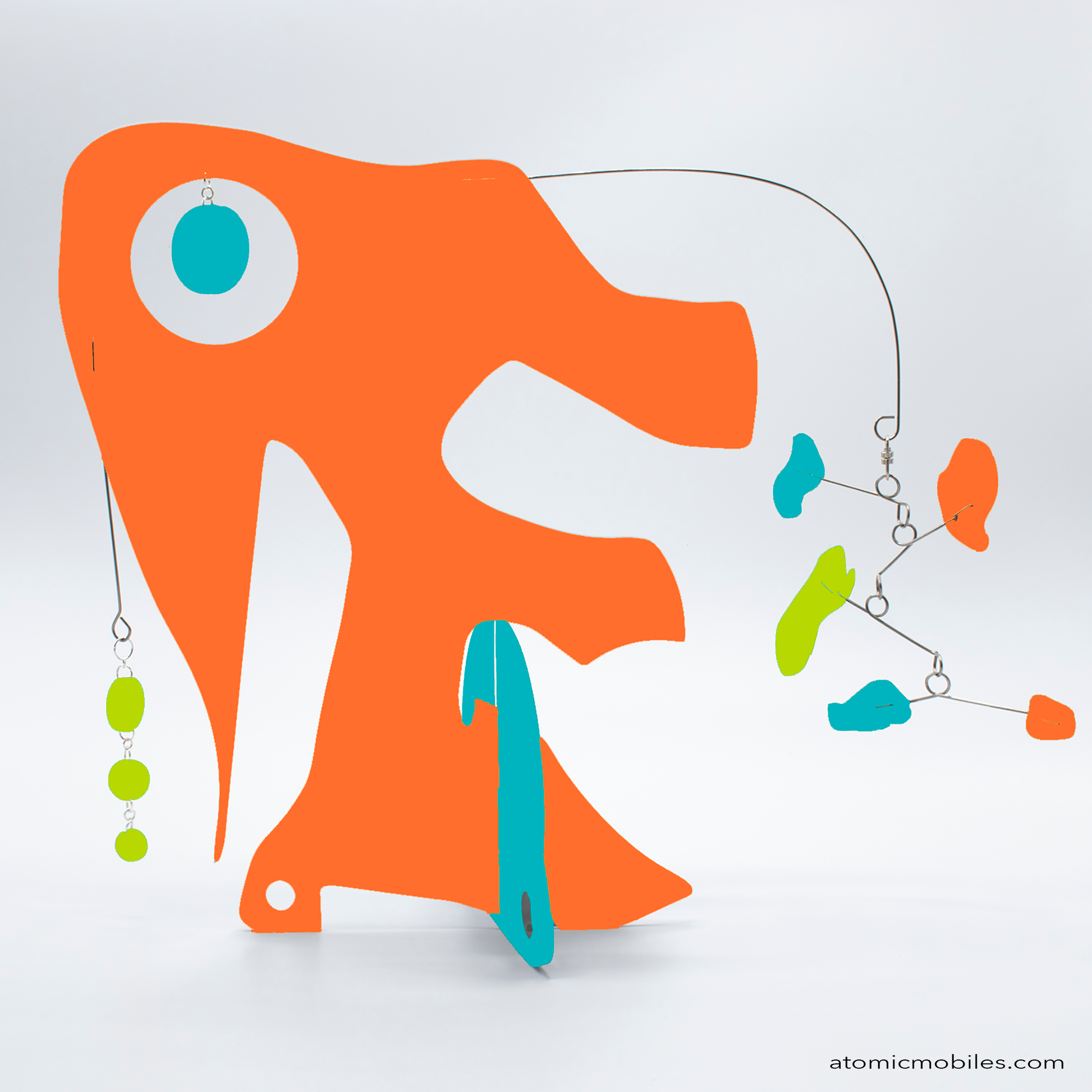 KinetiCats Collection Elephant in Orange, Aqua, and Lime Green - one of 12 Modern Cute Abstract Animal Art Sculpture Kinetic Stabiles inspired by Dada and mid century modern style art by AtomicMobiles.com
