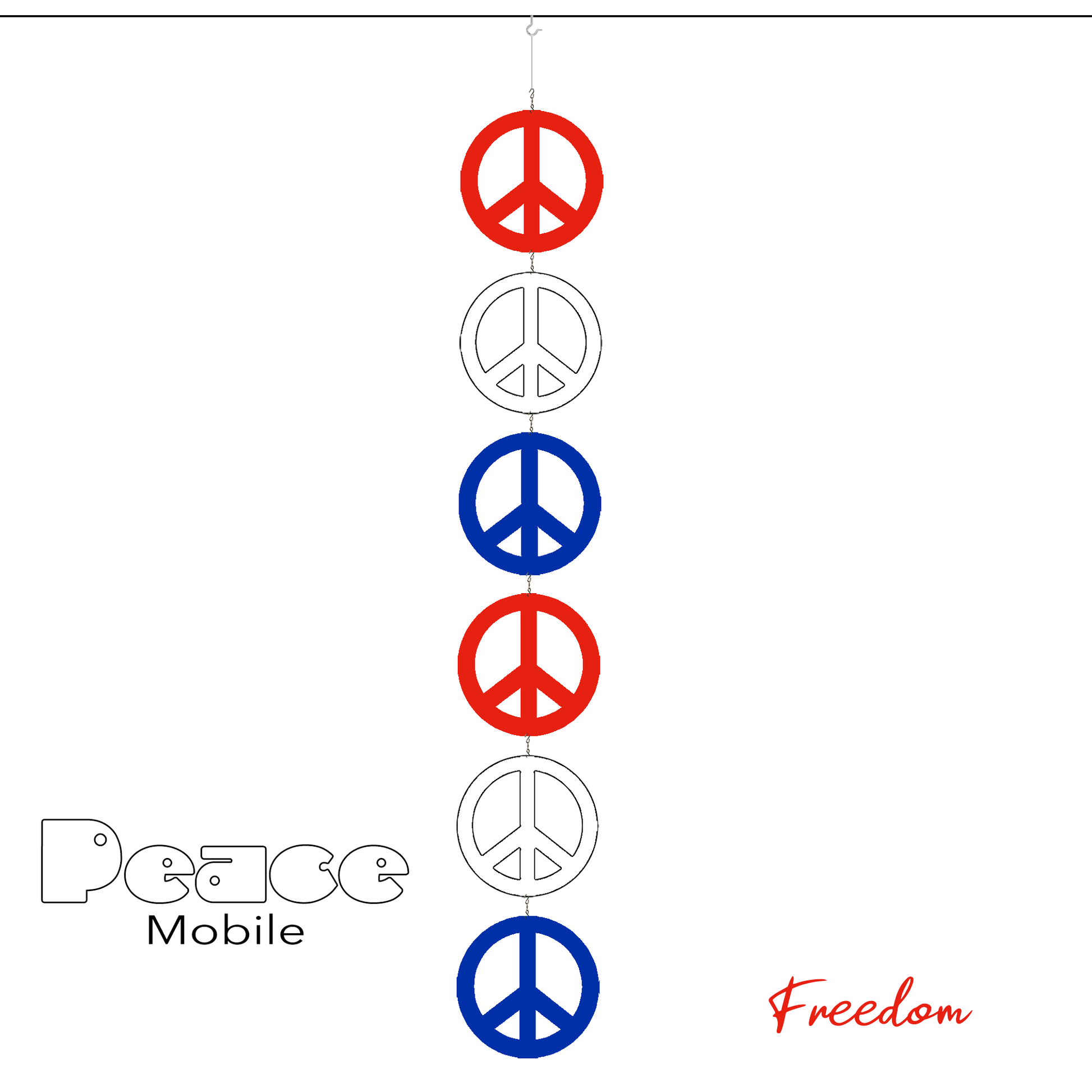 Freedom Peace Mobile - 6 Peace signs in red, white, and blue patriotic USA 4th of July Colors - kinetic hanging art mobile symbolizes World Peace - by AtomicMobiles.com