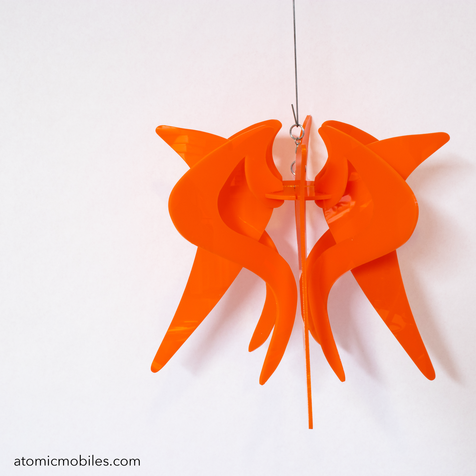 Genie Space Age RotaMobile kinetic hanging art mobile in opaque Orange acrylic plexiglass by AtomicMobiles.com