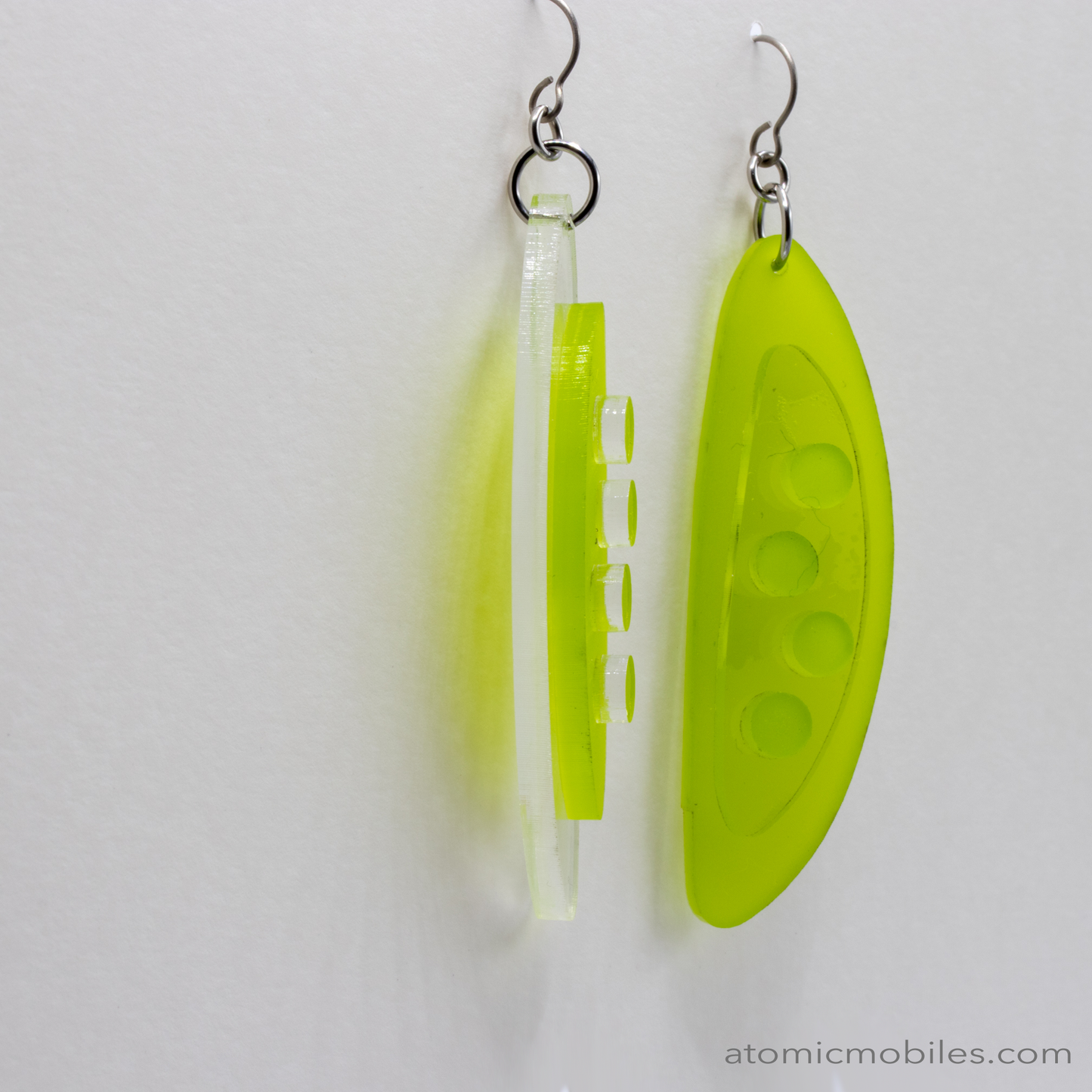 POPdots modern retro statement earrings in Frosty Lime Green and Clear acrylic by AtomicMobiles.com