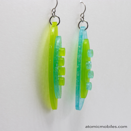 POPdots modern retro statement earrings in Frosty Lime Green and Sparkly Aqua Blue acrylic by AtomicMobiles.com