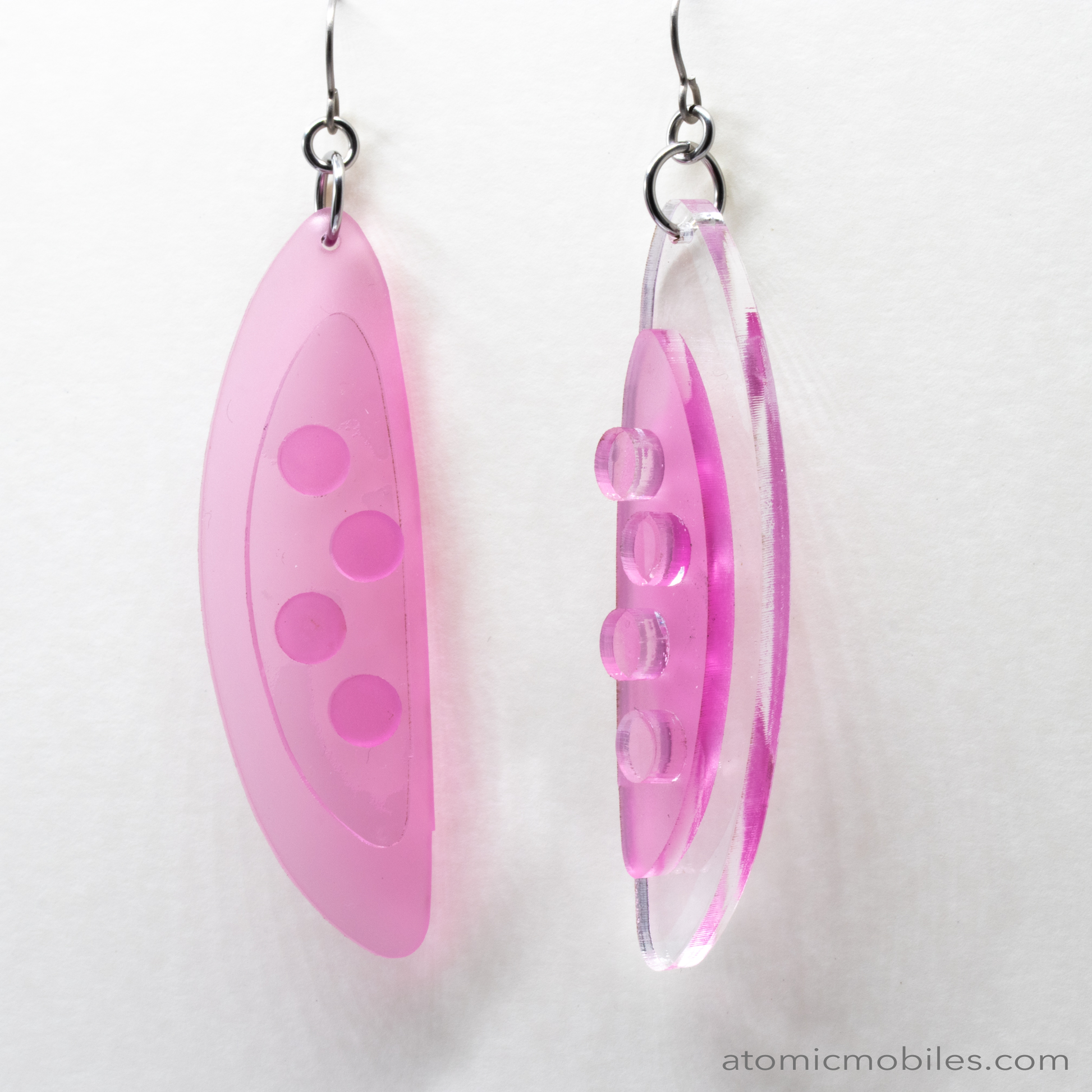 POPdots modern retro statement earrings in Frosty Pink and Clear acrylic by AtomicMobiles.com