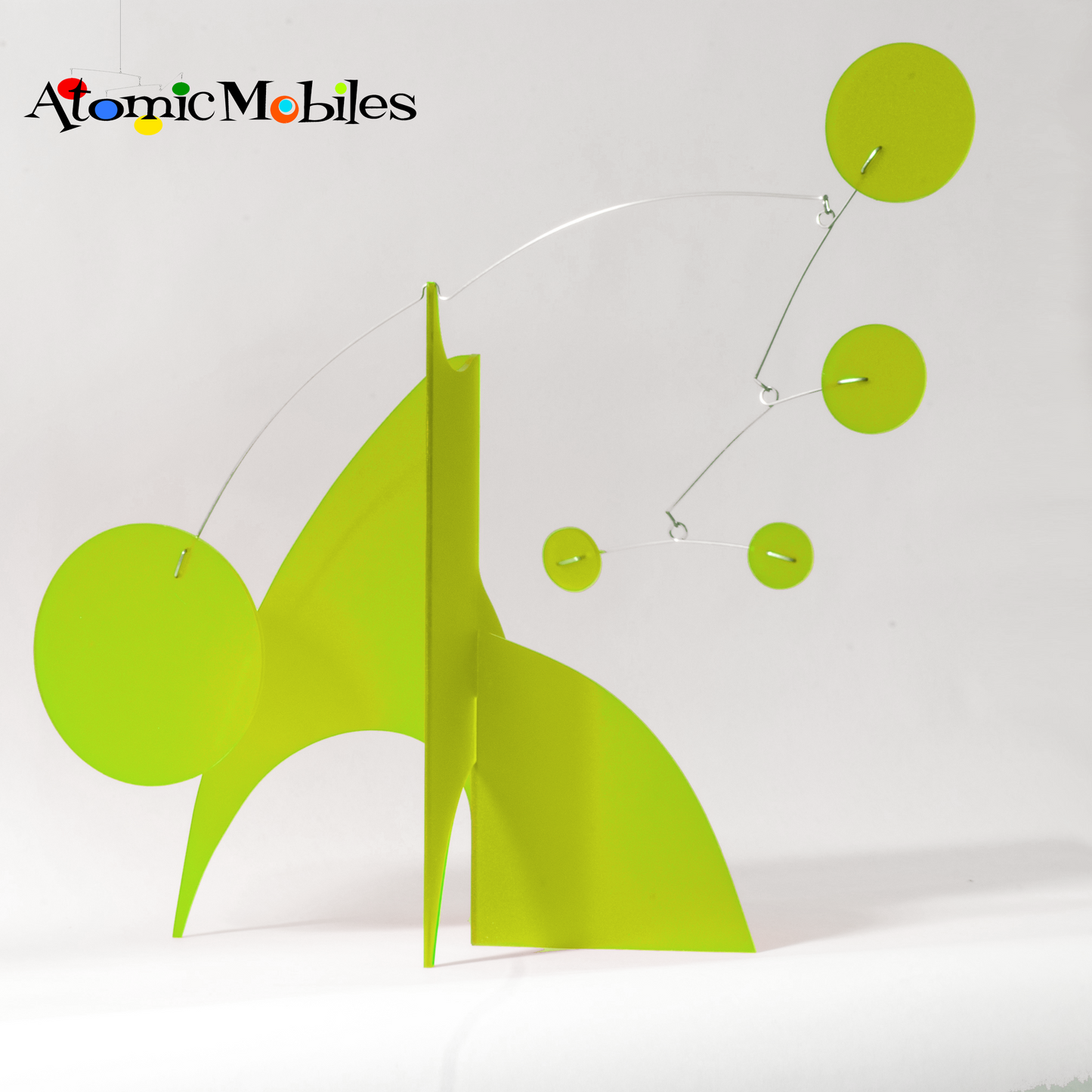 Front view of Beautiful Lime Green Modern Kinetic Art Stabile Sculpture in frosty matte finish acrylic by AtomicMobiles.com