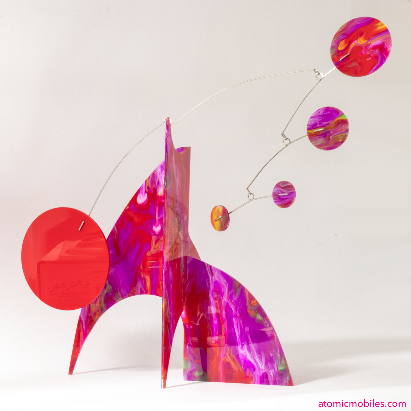 Fuchsia Fling Modern Art Stabile - table top kinetic art mobile in hot pink, purple, and red, handmade in Los Angeles by Debra Ann of AtomicMobiles.com