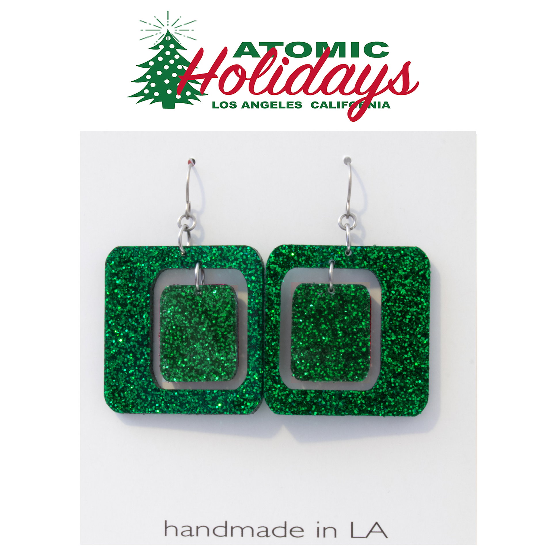 Atomic Holidays Statement Christmas Earrings in Glitter Green - mid century modern Coolsville style by AtomicMobiles.com