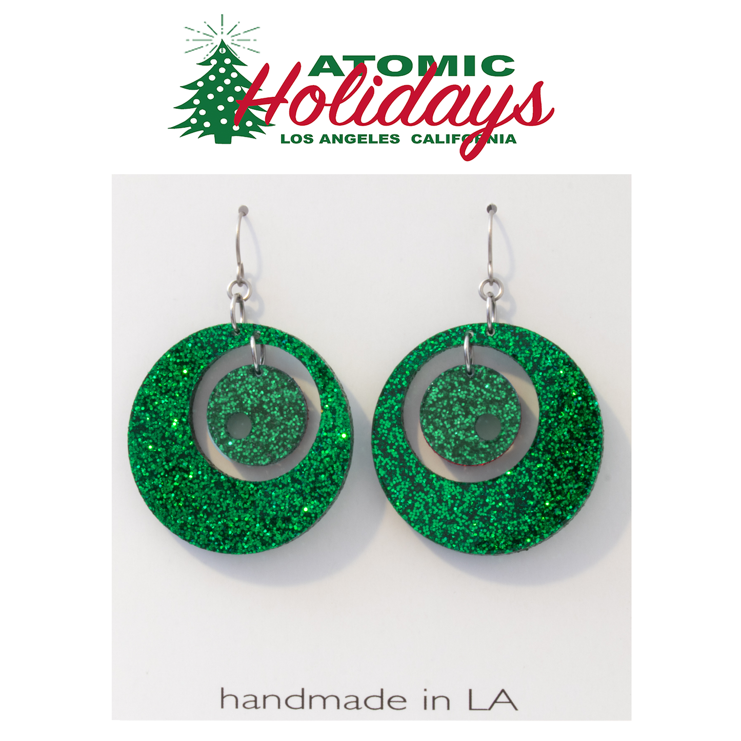 Atomic Holidays Statement Christmas Earrings in Glitter Green - mid century modern groovy style by AtomicMobiles.com 