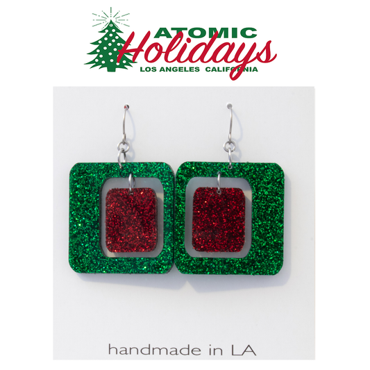 Atomic Holidays Statement Christmas Earrings in Glitter Green and Red - mid century modern Coolsville style by AtomicMobiles.com