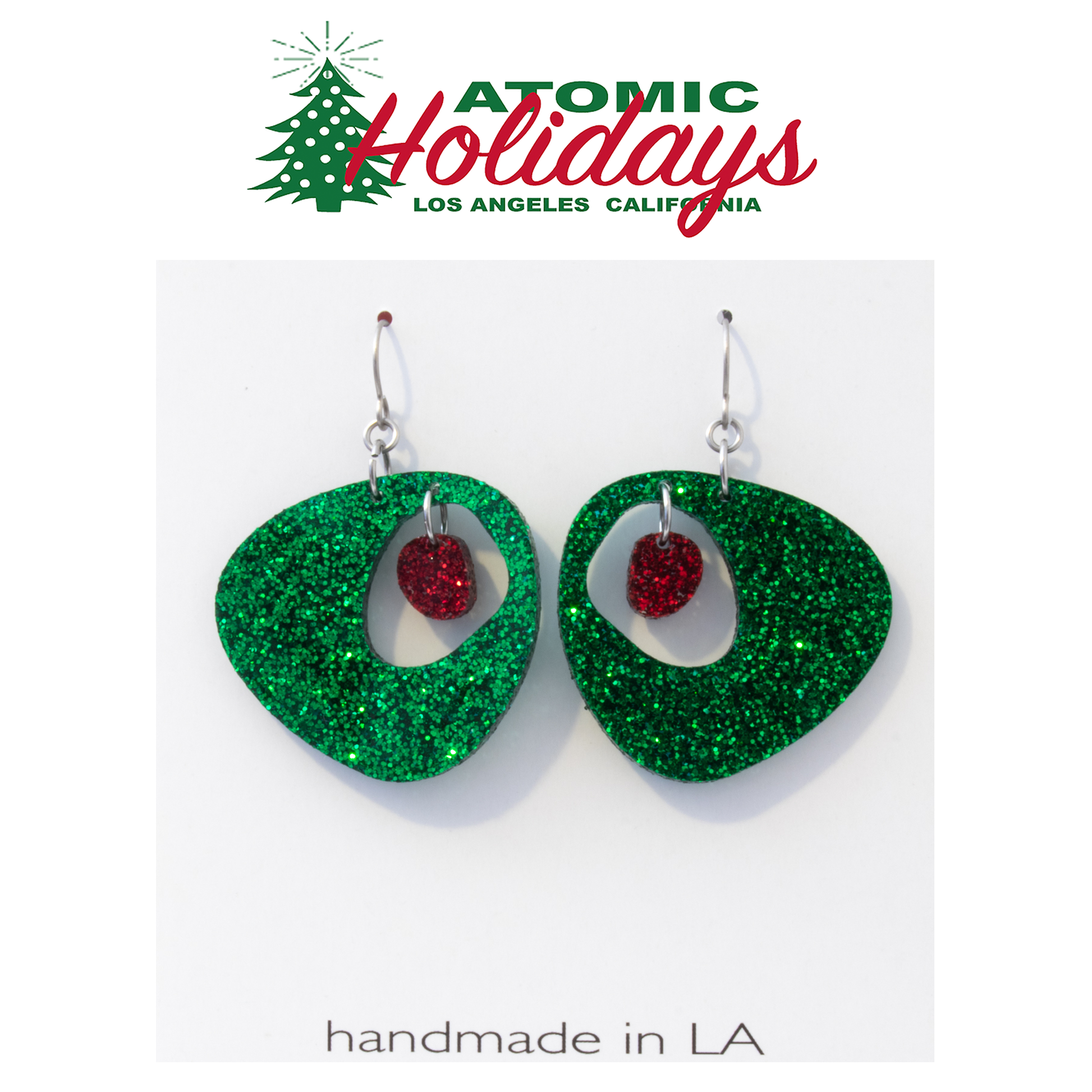 Atomic Holidays Glitter Green and Red Festive Christmas Earrings in mid century modern style by AtomicMobiles.com