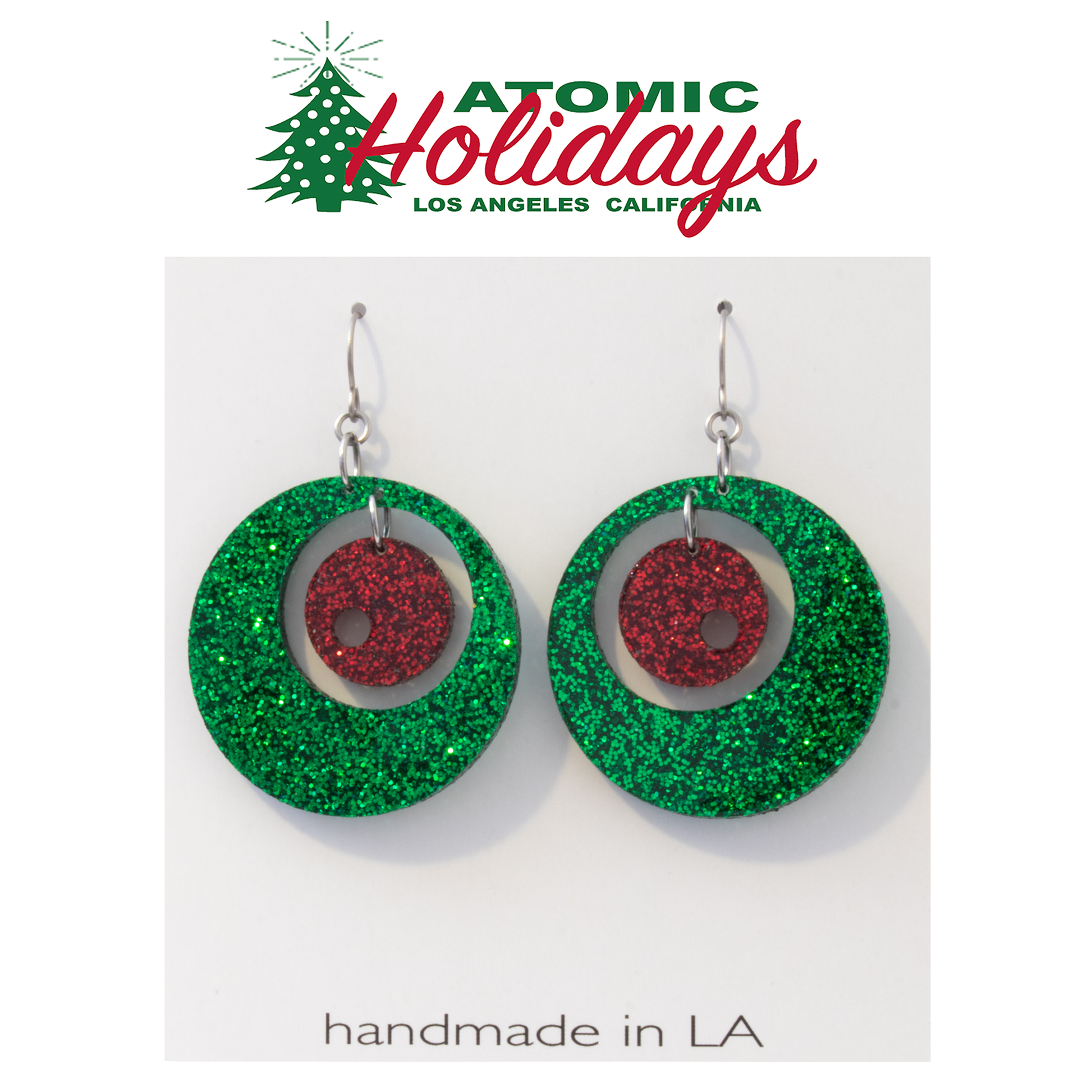 Atomic Holidays Statement Christmas Earrings in Glitter Green and Red - mid century modern groovy style by AtomicMobiles.com 