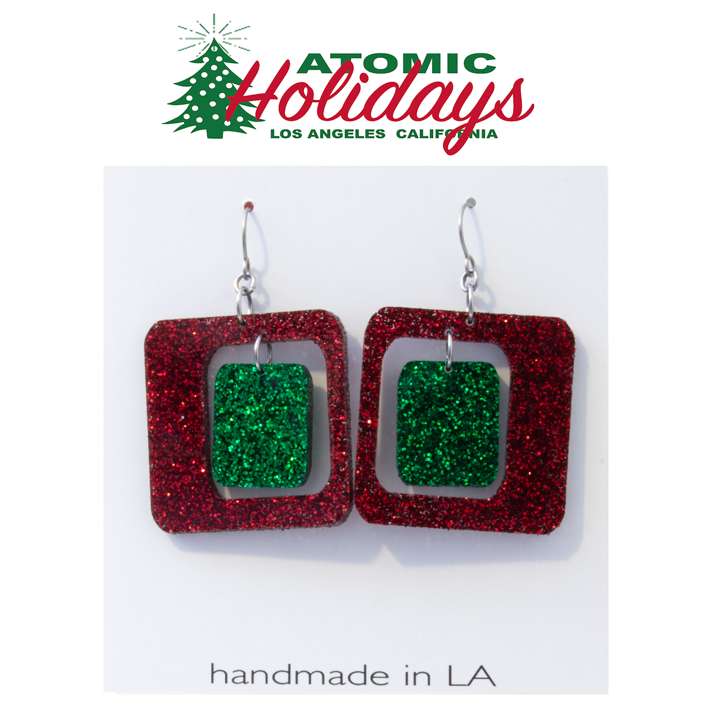 Atomic Holidays Statement Christmas Earrings in Glitter Red and Green - mid century modern Coolsville style by AtomicMobiles.com