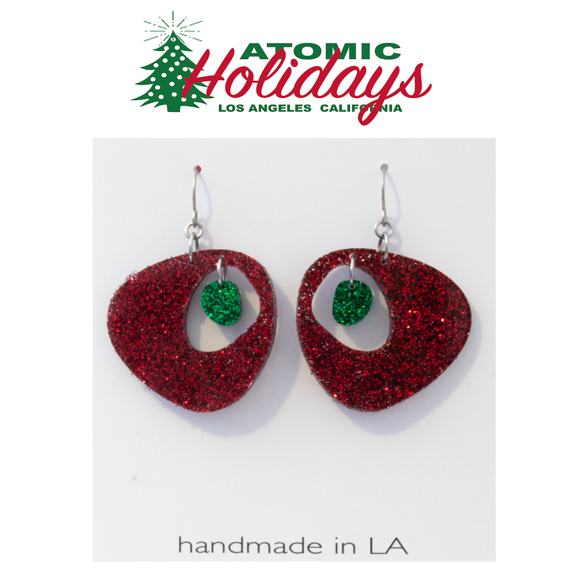 Atomic Holidays Glitter Red and Green Festive Christmas Earrings in mid century modern style by AtomicMobiles.com